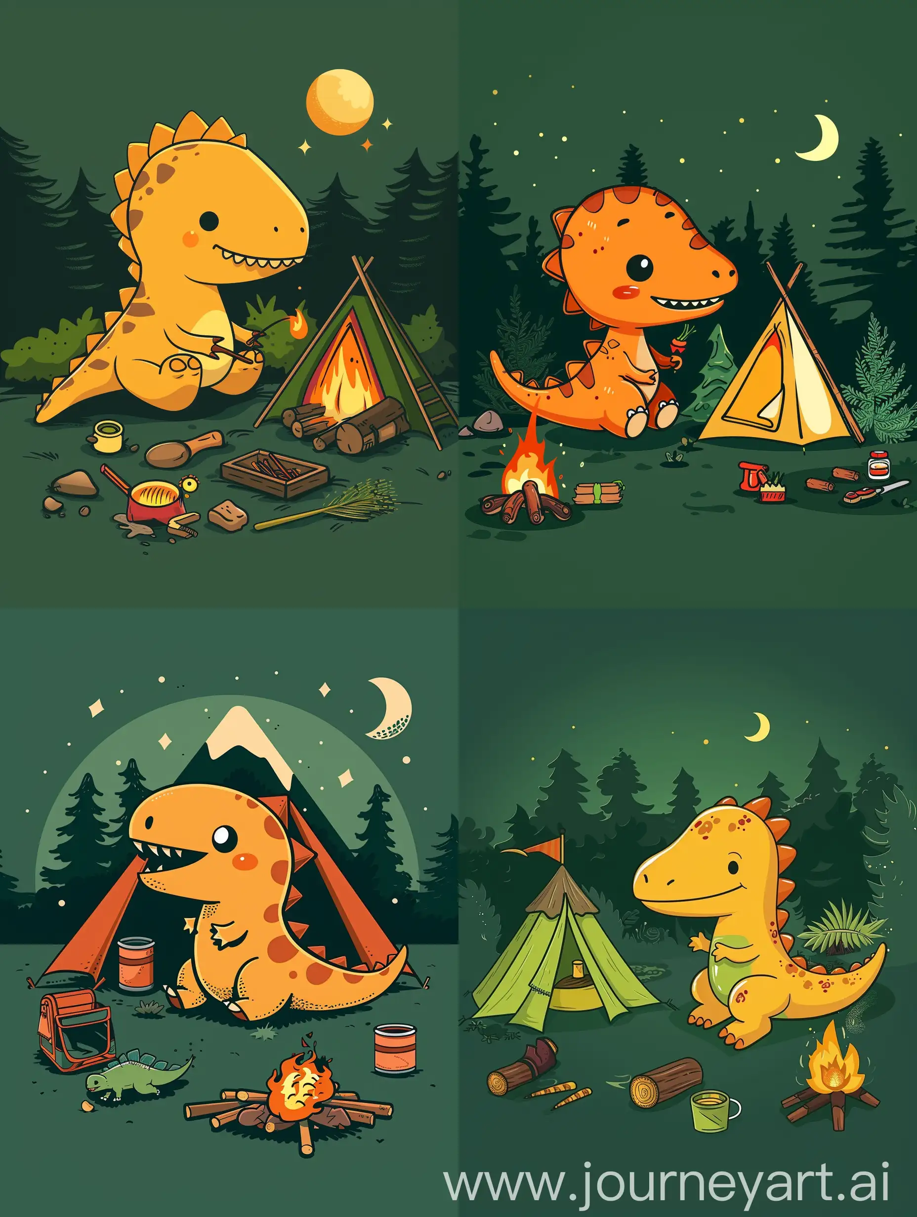 thin line style chibi cute dino on a camping, with solid dark green background, small object and center concentrated image, far view point