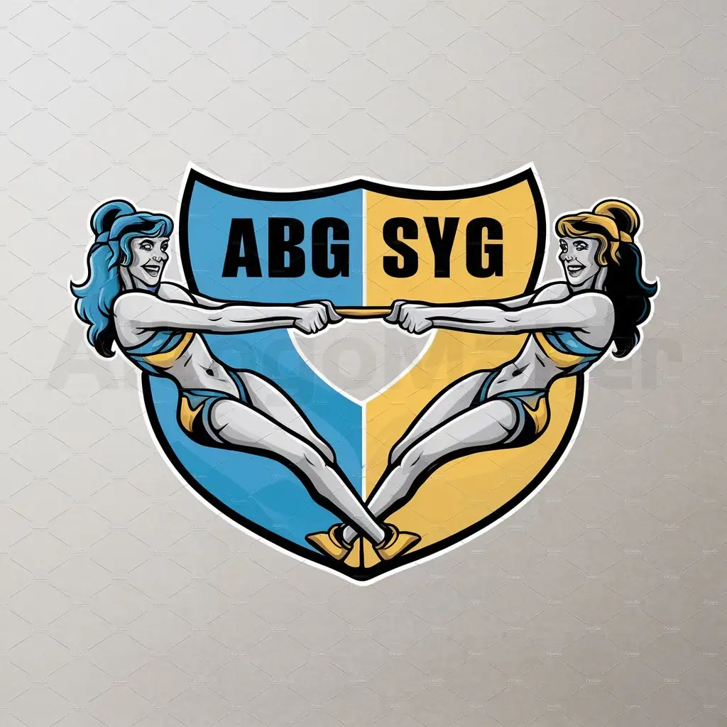 LOGO-Design-For-ABG-SYG-Vibrant-Blue-and-Yellow-Shield-Emblem-with-Sexy-Lady-Tug-of-War-Theme