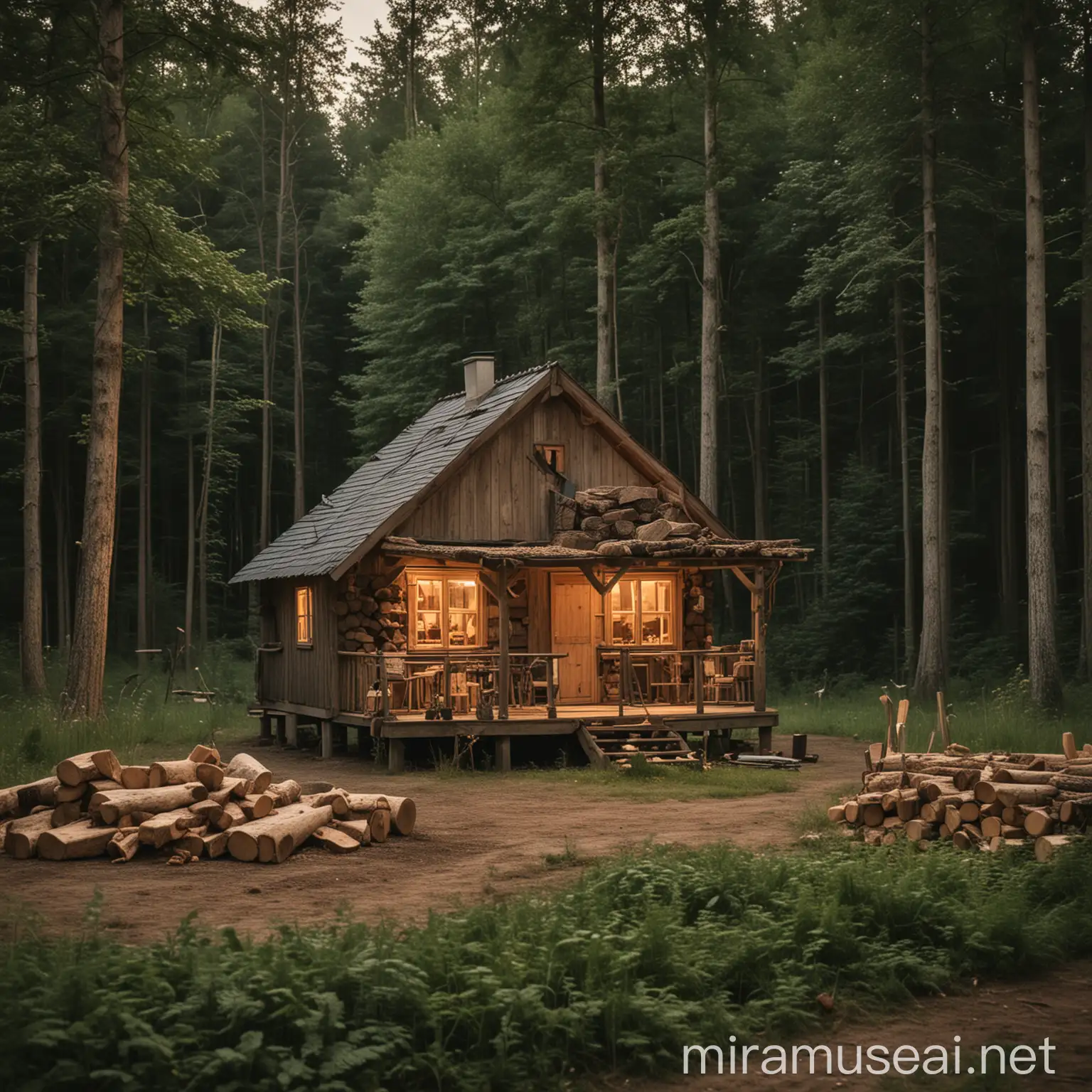 木製の小さな小屋、森林が背景、夕暮れ、夏、手前に薪割の様子