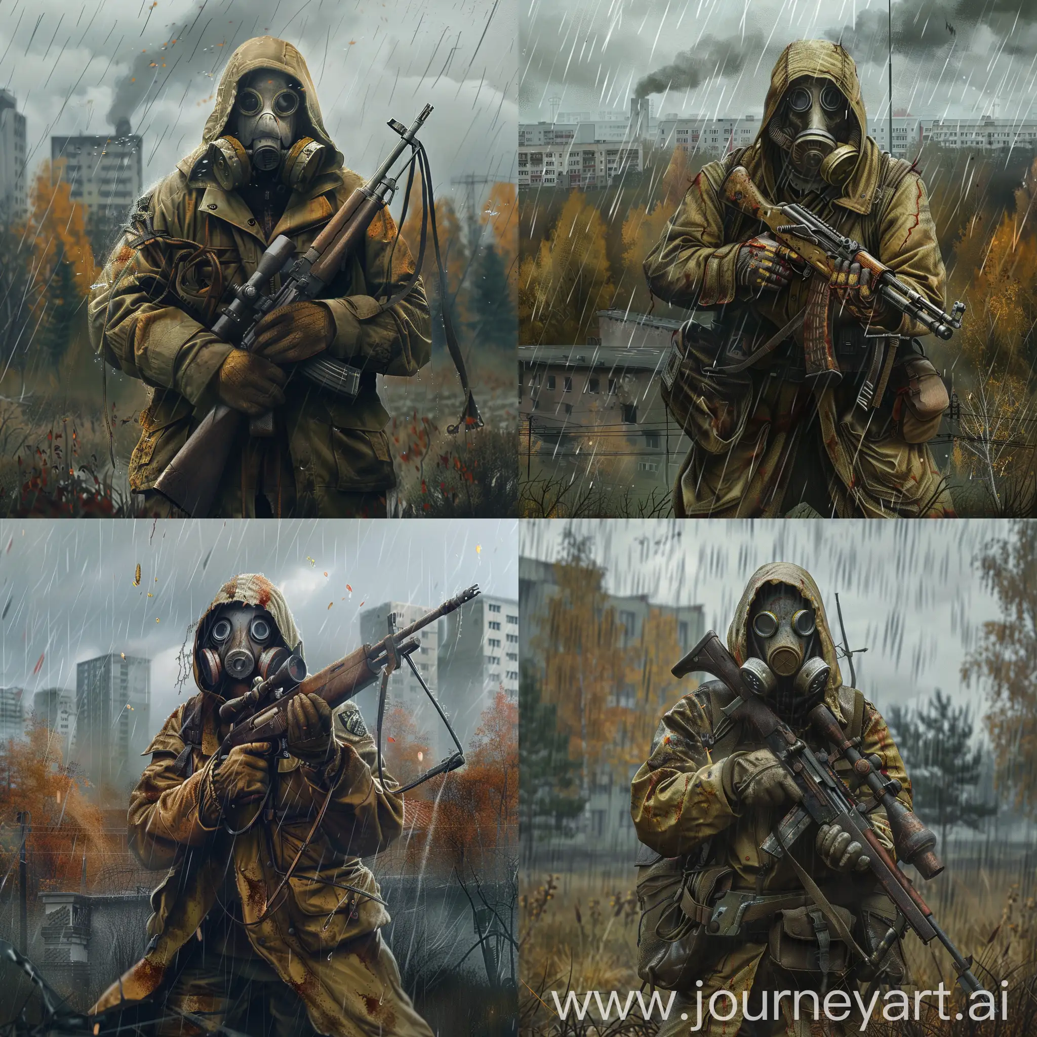  art a loner stalker from the universe of S.T.A.L.K.E.R., gasmask, sniper rifle in hands, radiation rain, abandoned soviet city Pripyat, gloomy autumn.