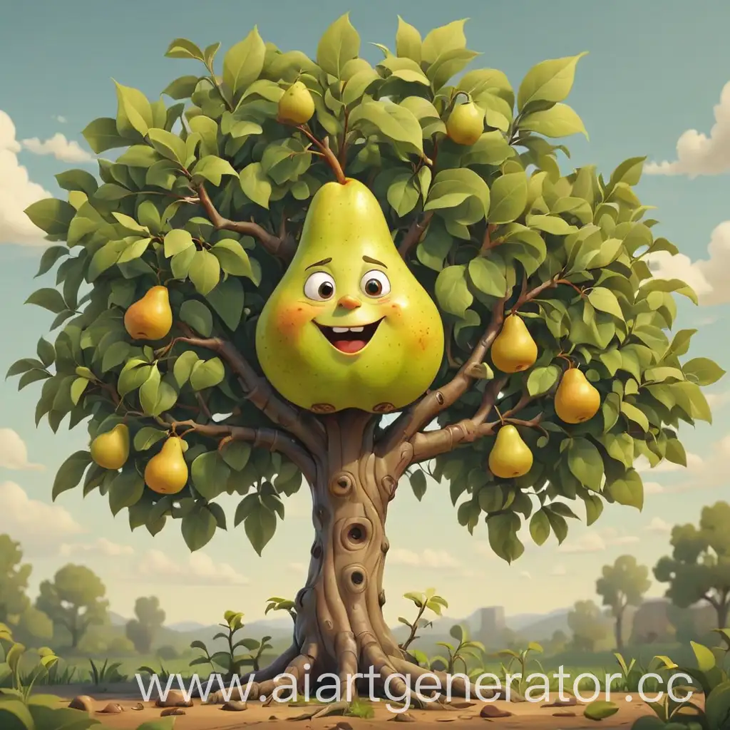 Cheerful-Cartoon-Tree-with-a-Ripe-Pear-on-Its-Branches