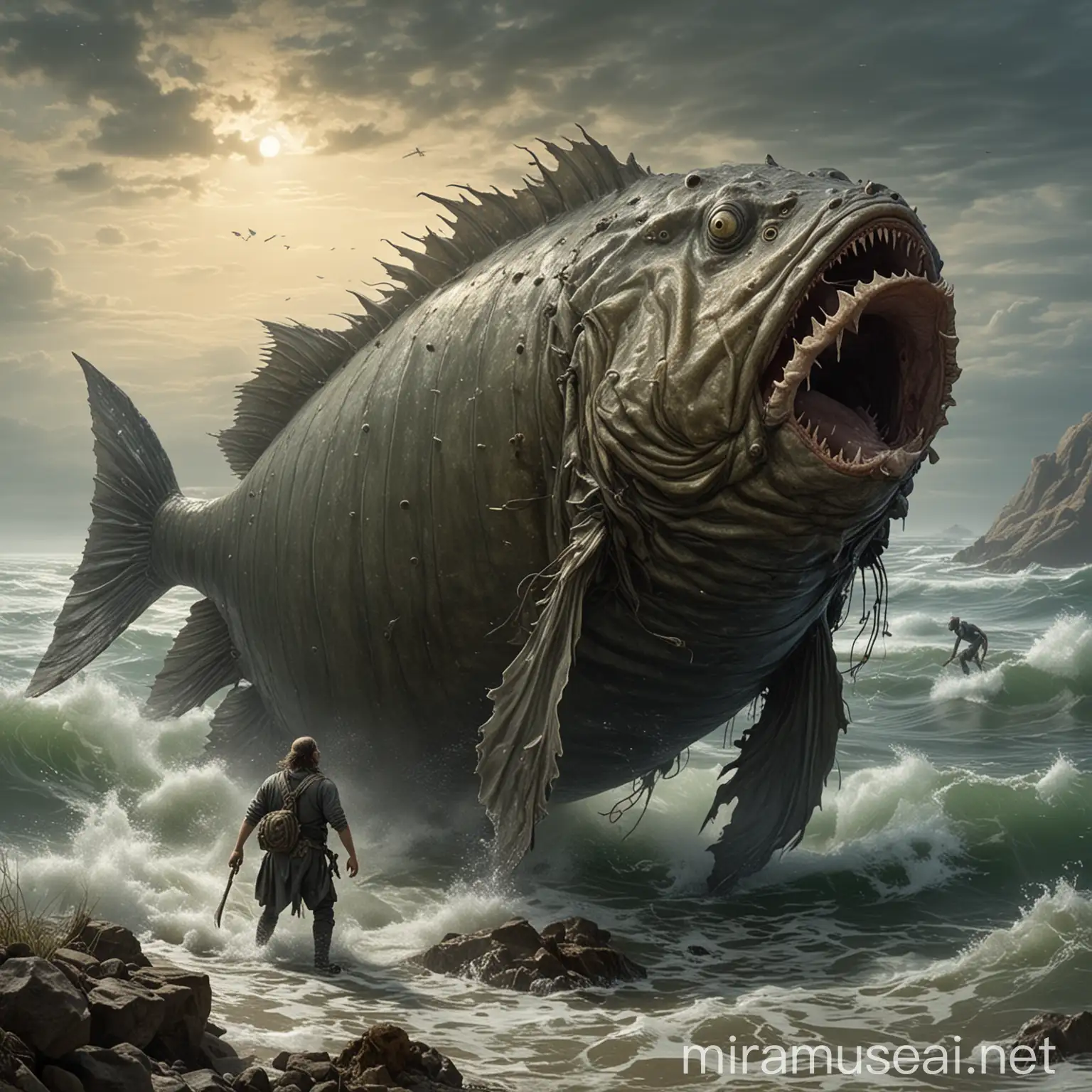 Legendary Fisherman Ahab Battles Giant Bogfish on Shoreline
