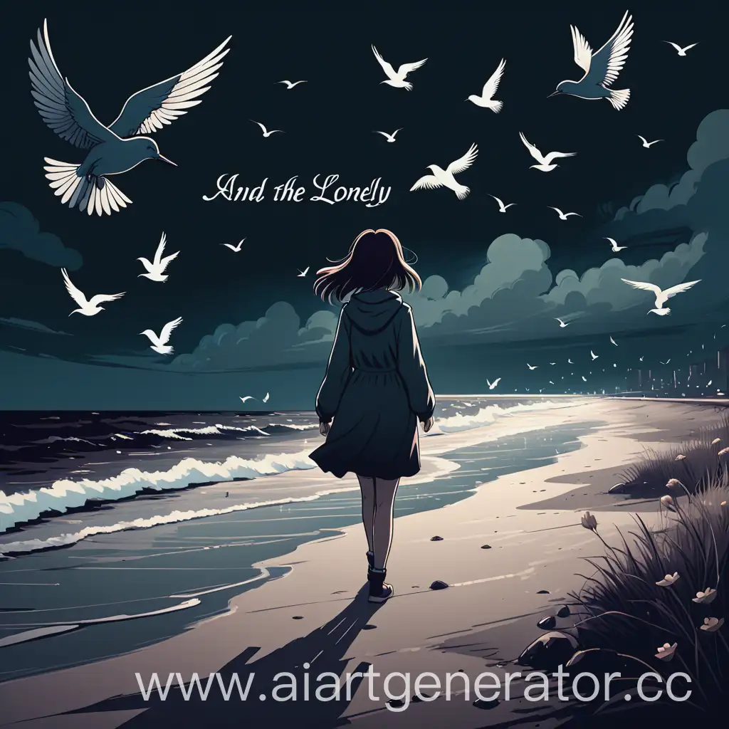 Girl-Walking-by-the-Sea-with-Lonely-Birds-Dark-Anime-Illustration