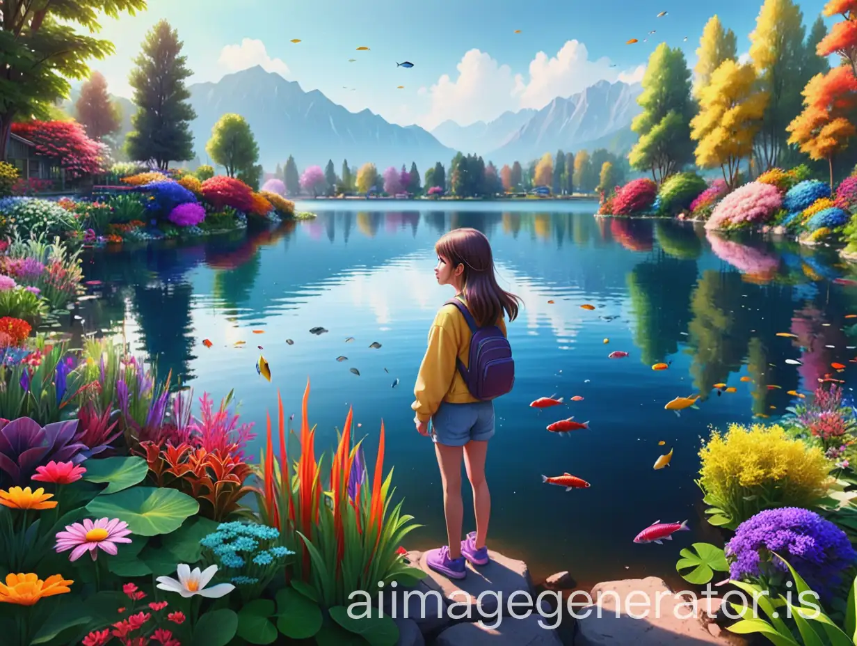 a girl standing beside the lake which is full of colorful plants ,flowers and fishes