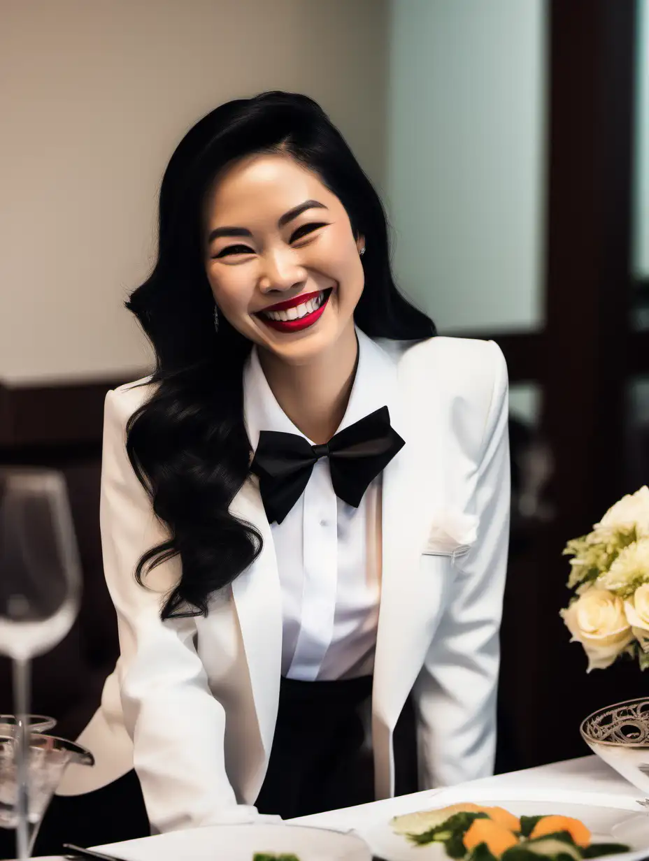 30 year old smiling and laughing and confident and sophisticated Vietnamese woman with shoulder length black hair and lipstick wearing a tuxedo with a black bow tie. (Her shirt cuffs have cufflinks). Her jacket has a corsage. She is at a dinner table. Her jacket is open.