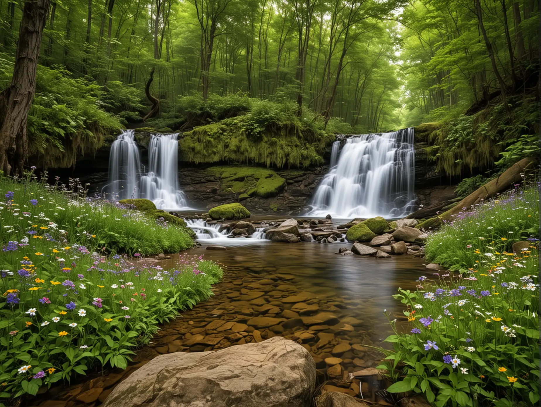 Wildflower-Stream-in-Forest-Serene-Nature-Landscape-to-Relax-and-Relieve-Stress