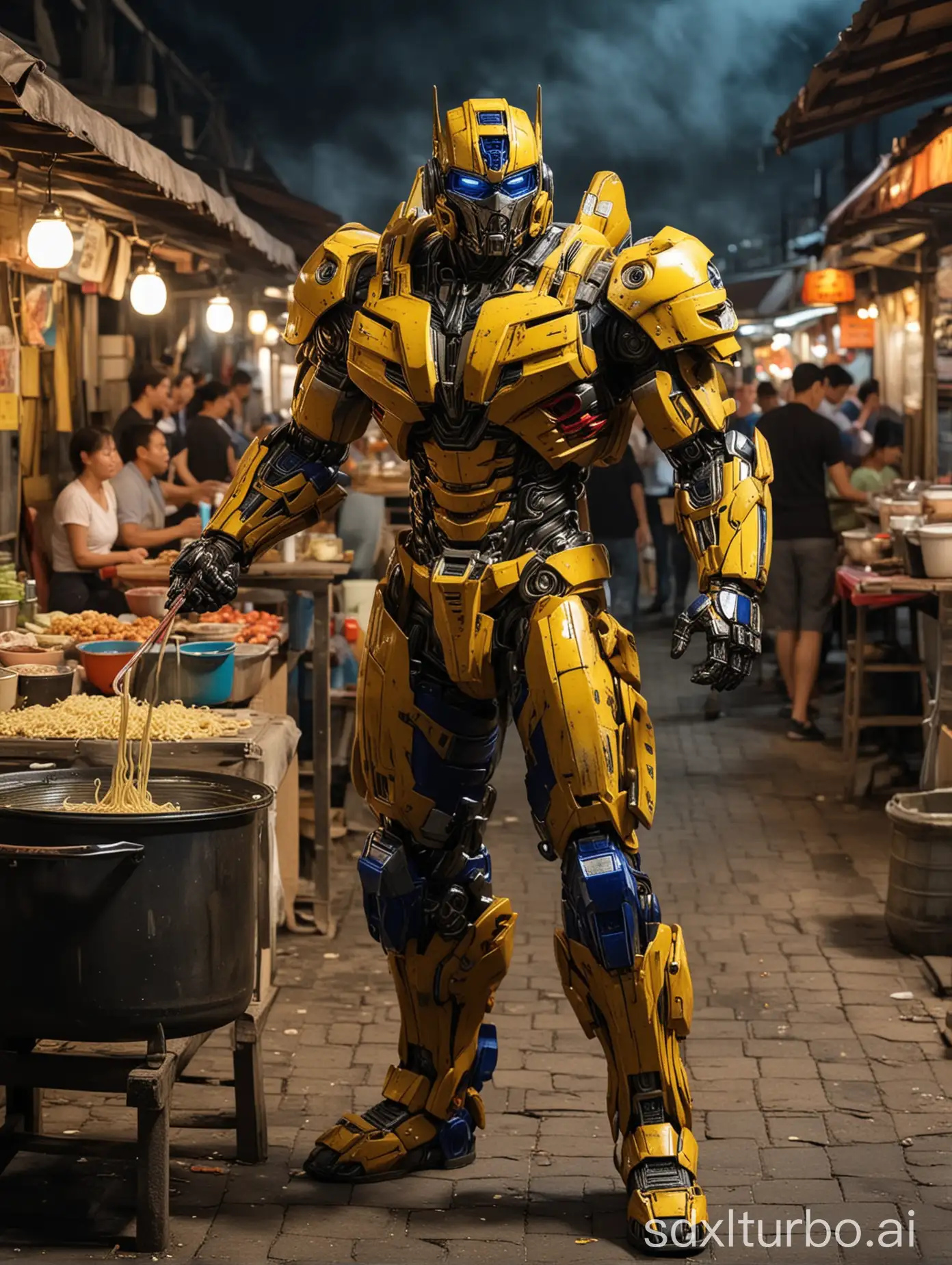 Transformers Yellowjacket changes into a chef, wearing an apron, holding chopsticks in right hand and cooking noodles, left hand hanging down, with a big pot, night market, full body like 