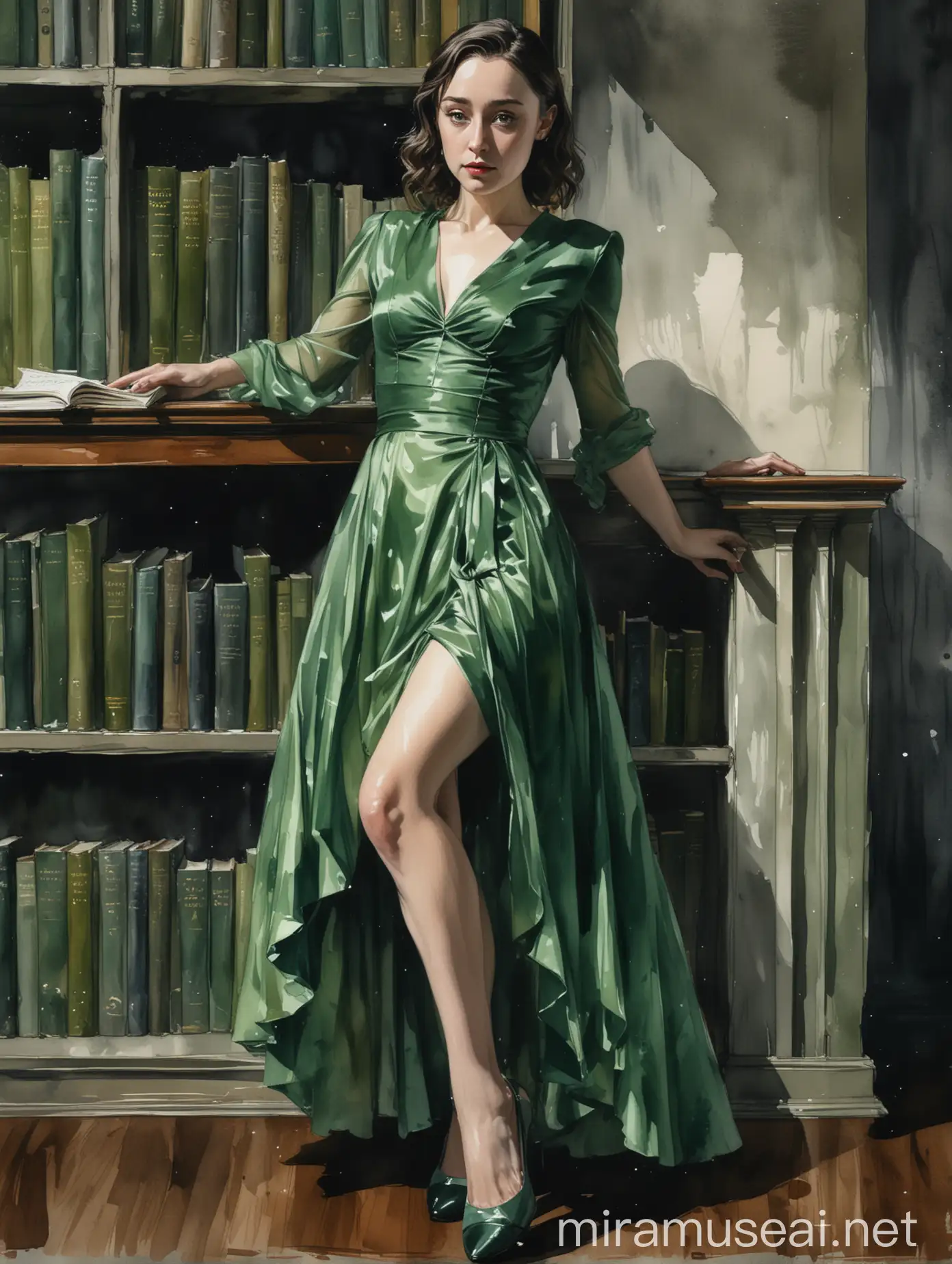 Alex Maleev watercolor painting of black-haired Saoirse Ronan wearing green 1940s ball dress with high slit showing her smooth shiny thigh standing leaning back on a book shelf, seen from below, forced perspective, gray palette, insanely high quality, insanely high detail, dark dramatic lighting