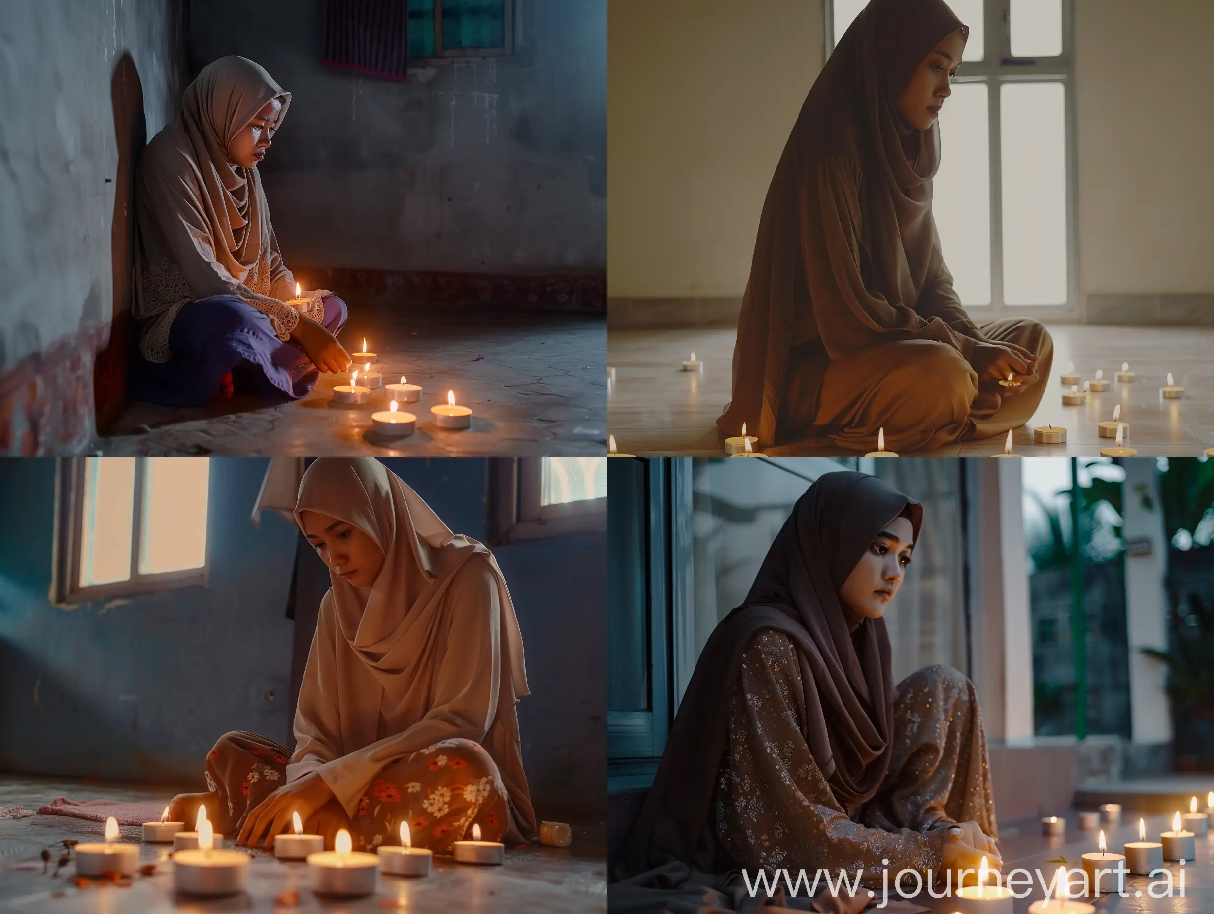 cinematic film, an Indonesian woman, wearing a hijab, 27 years old, sitting alone in a room in a simple house. She lights candles around the room, creating a mysterious atmosphere., side view, full body shot