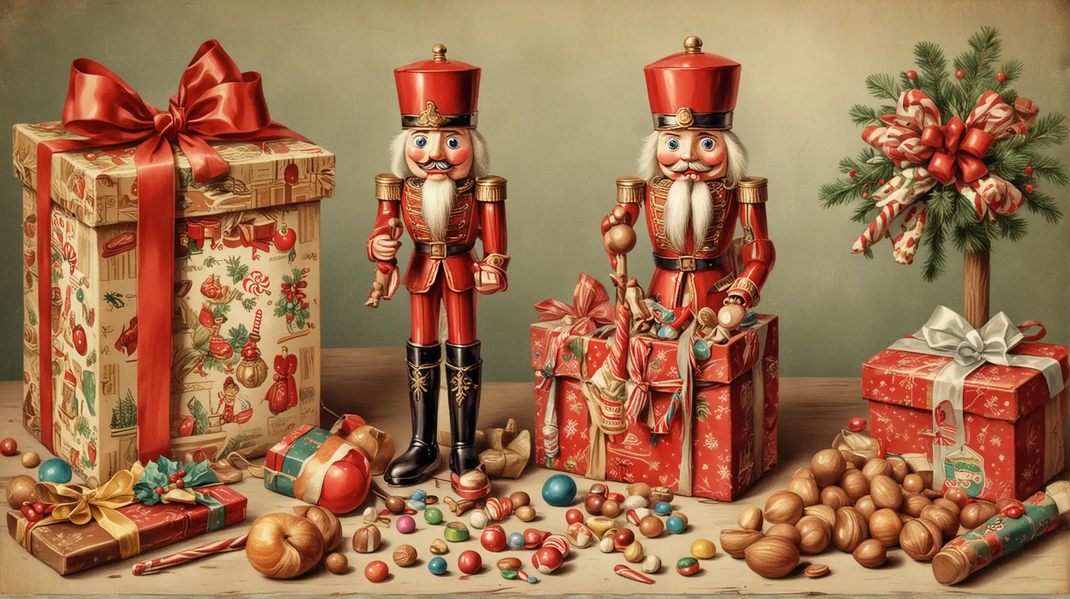 Vintage Christmas Illustration of Nutcracker with Candy and Gifts