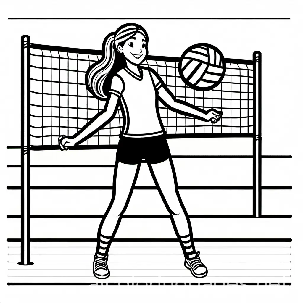 slender teen girl with long hair playing volleyball, Coloring Page, black and white, line art, white background, Simplicity, Ample White Space. The background of the coloring page is plain white to make it easy for young children to color within the lines. The outlines of all the subjects are easy to distinguish, making it simple for kids to color without too much difficulty