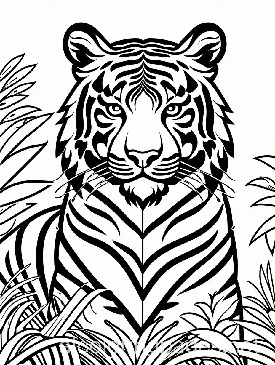 Tiger, Coloring Page, black and white, line art, white background, Simplicity, Ample White Space. The background of the coloring page is plain white to make it easy for young children to color within the lines. The outlines of all the subjects are easy to distinguish, making it simple for kids to color without too much difficulty, Coloring Page, black and white, line art, white background, Simplicity, Ample White Space. The background of the coloring page is plain white to make it easy for young children to color within the lines. The outlines of all the subjects are easy to distinguish, making it simple for kids to color without too much difficulty