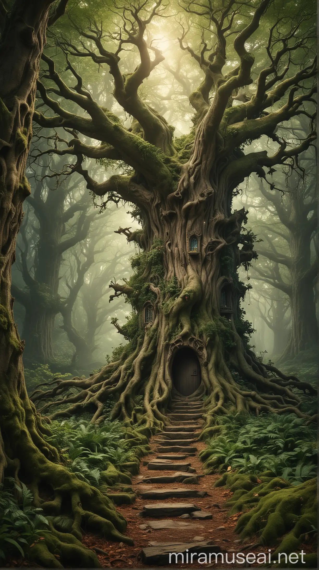 6. A mystical forest teeming with mythical creatures, a wise old tree at its heart, and a hidden path leading to an enchanted realm.