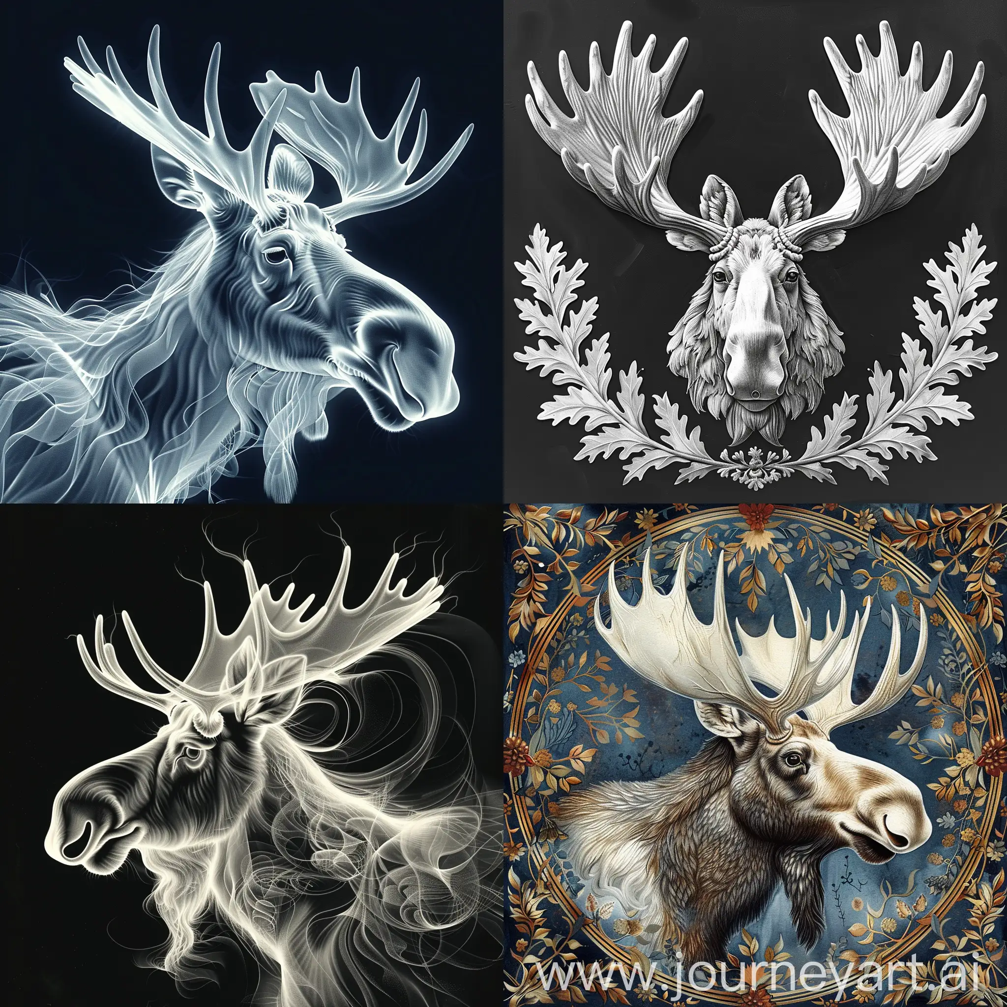 Fractal, logo white moose, classicism, botanical art, --s 300