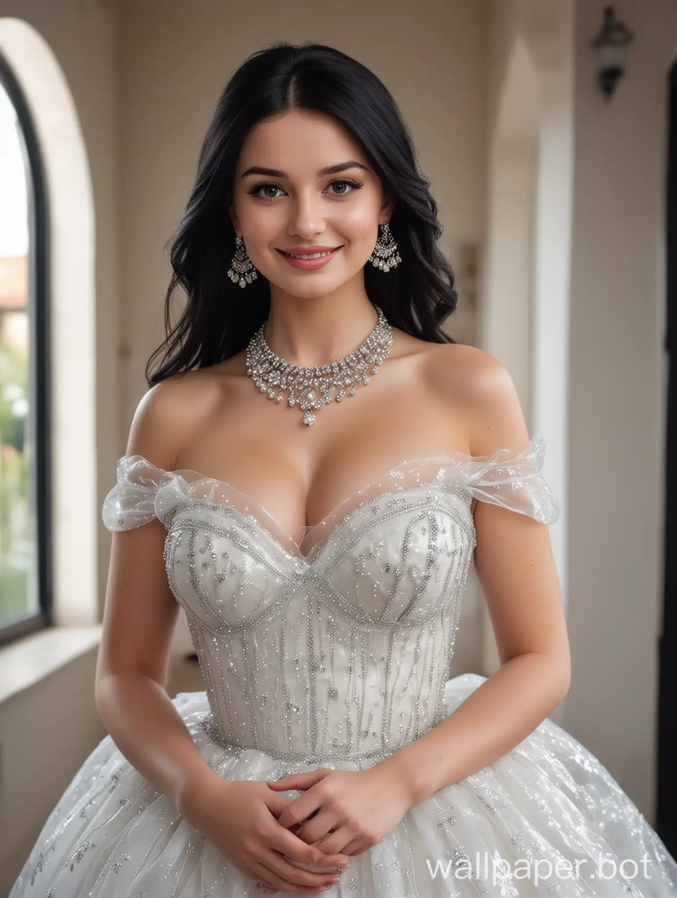 Generate an image of the most beautiful actress from Czech Republic, a cute and pretty girl with large breasts, wearing a transparent Ball Gown dress, fair white skin, and long black hair. She has a round face and a smile. The background is a modern house interior. The camera captures her from head to stomach. She is wearing makeup and accessories including a necklace, jhumka earring, and bracelet.