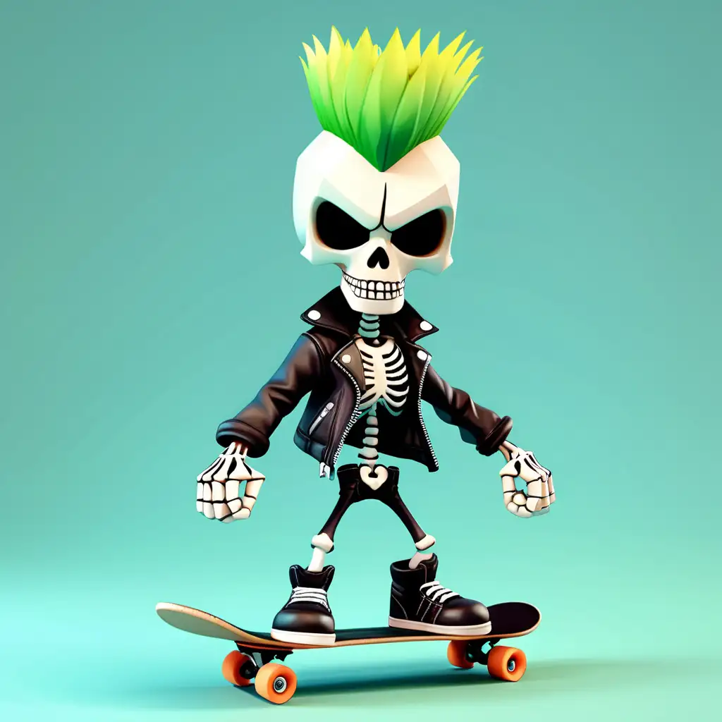3d Character Asset, Cartoonish style, Skateboarder Punk Rock Skeleton with Green Mohawk and a leather Jacket leather pants and black boots on and a skateboard, Exagerated Oversized Head, Tiny Body, low poly, T Pose, plain background