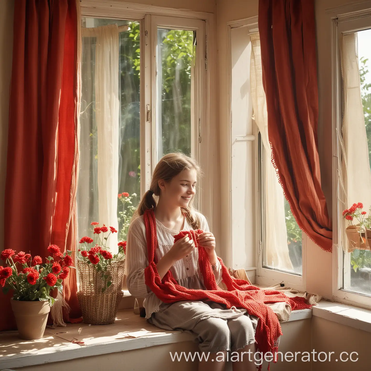 Young-Woman-Knitting-Red-Scarf-in-Sunlit-Room-with-Flowers