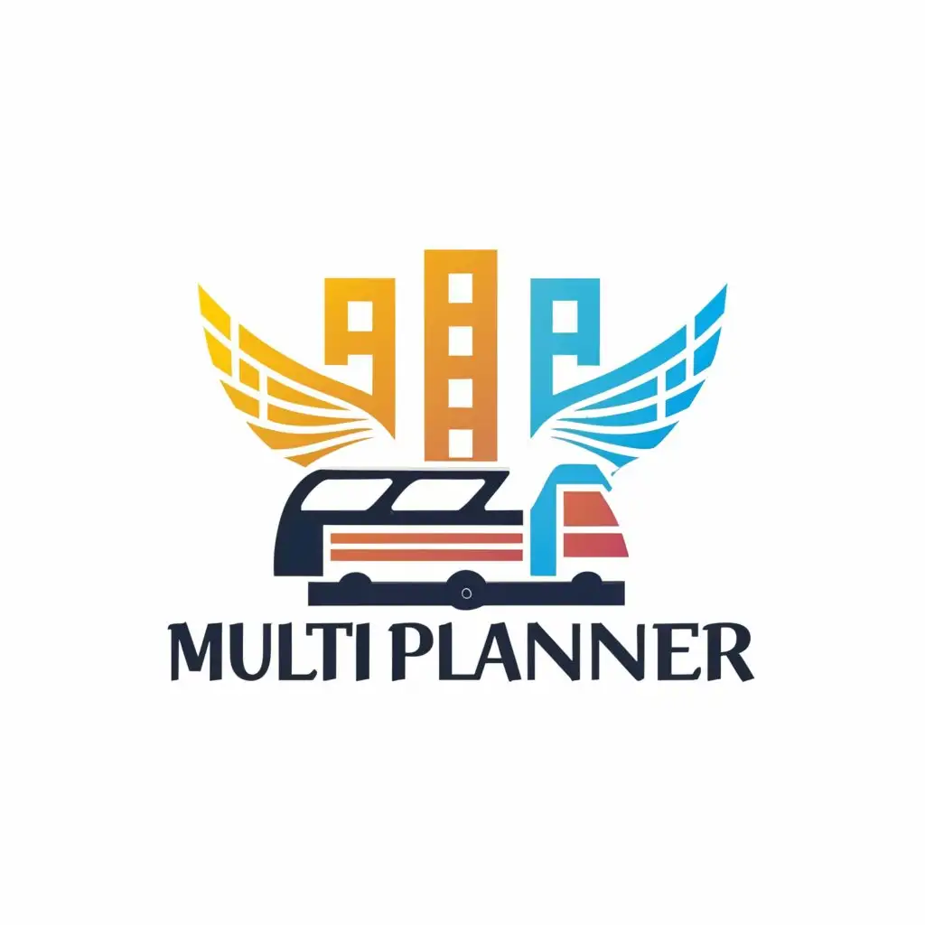 a logo design,with the text "MULTI PLANNER", main symbol:Bus with a pair of wings flying through a city,complex,be used in Others industry,clear background