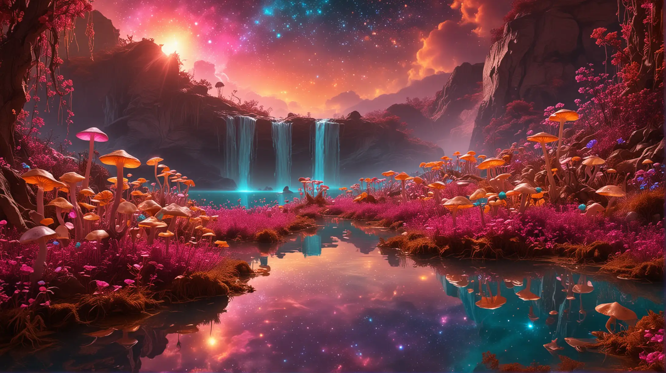 florescent fairytale mushrooms of Orange and Pink and golden-magenta in golden dust and a magical turquoise glowing lake and waterfall of luminescent magenta flowers, giant magenta-fire planet in the sky among galaxies