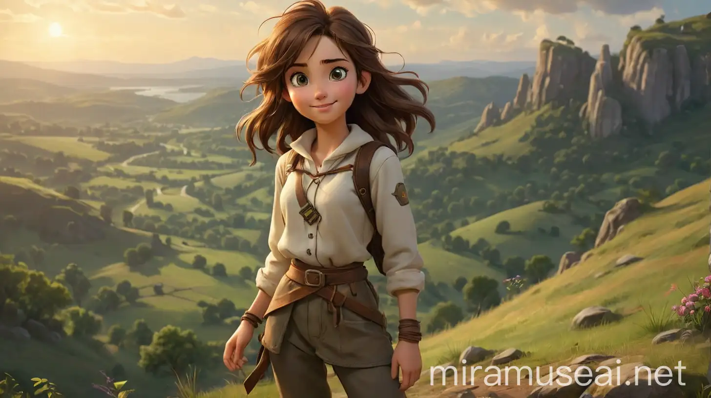 Aria, a young girl with bright, inquisitive eyes and a friendly smile. She wears simple yet practical clothing suitable for adventure—a light tunic, sturdy pants, and worn leather boots. Her hair is loosely tied back, hinting at her carefree .Aria stands on the hill, the enchanted compass glowing softly in her hand, pointing toward the horizon. She looks out with a sense of purpose and determination, ready for the adventures that await.