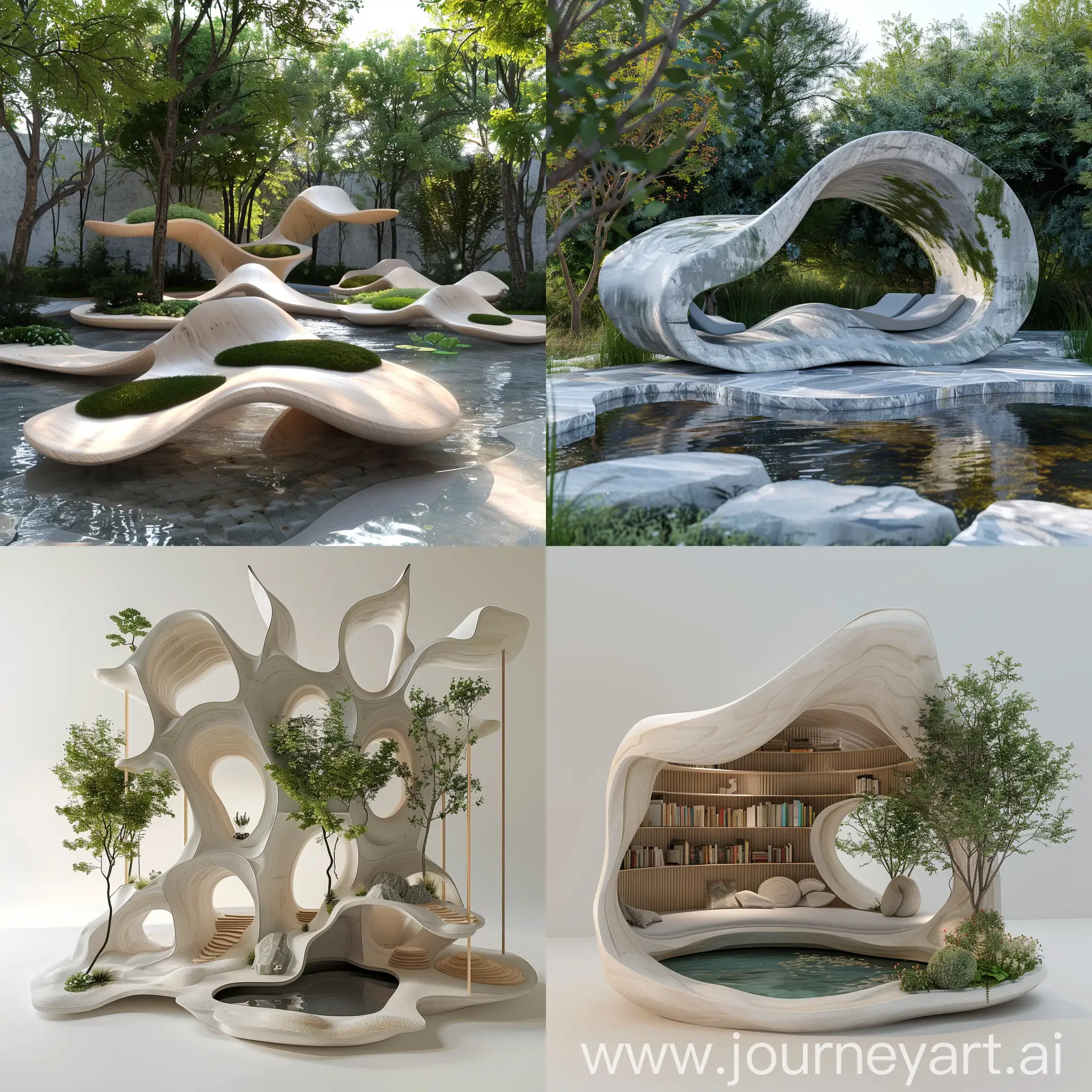 Psychological Element Inspired by "The Midnight Library book":Create a meditative structure inspired by "The Midnight Library" and "Eternal Sunshine of the Spotless Mind," using abstract, flowing forms. The design should feature calming elements like water features and greenery, with materials such as stone and wood. Each unit is approximately 2m x 2m x 2m, with soft, muted tones. These structures are intended for parks, urban squares, and quiet city corners, providing a calming and reflective space for users. The design should incorporate smooth, tactile surfaces and natural elements to enhance psychological well-being.                                                                  Form & Shape: Abstract, flowing forms reminiscent of natural elements.
Structure: Stand-alone or integrated into existing urban landscapes.
Dimensions: Approx. 2m x 2m x 2m for a single unit.
Materials: Stone, wood, water-resistant coatings.
Colors: Soft, muted tones (blue, gray, white).
Details: Smooth, tactile surfaces, water features, and greenery.
Features: Seating areas, small water features, and plant integration.
Location: Parks, urban squares, quiet corners in cities.
Design Style: Surrealist-inspired minimalism with natural elements.