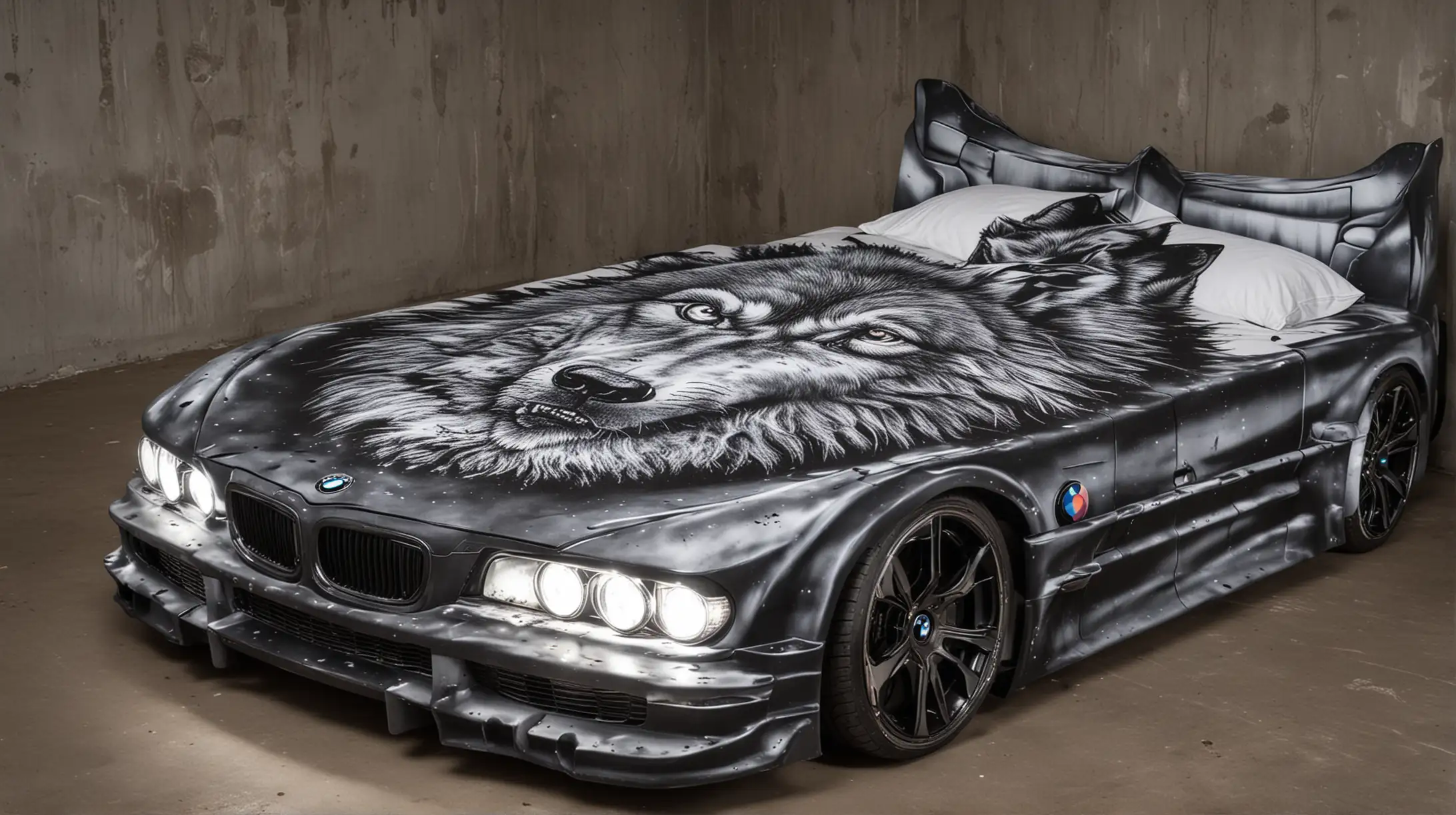 Luxury Double Bed Shaped like BMW Car with Evil Wolf Graffiti