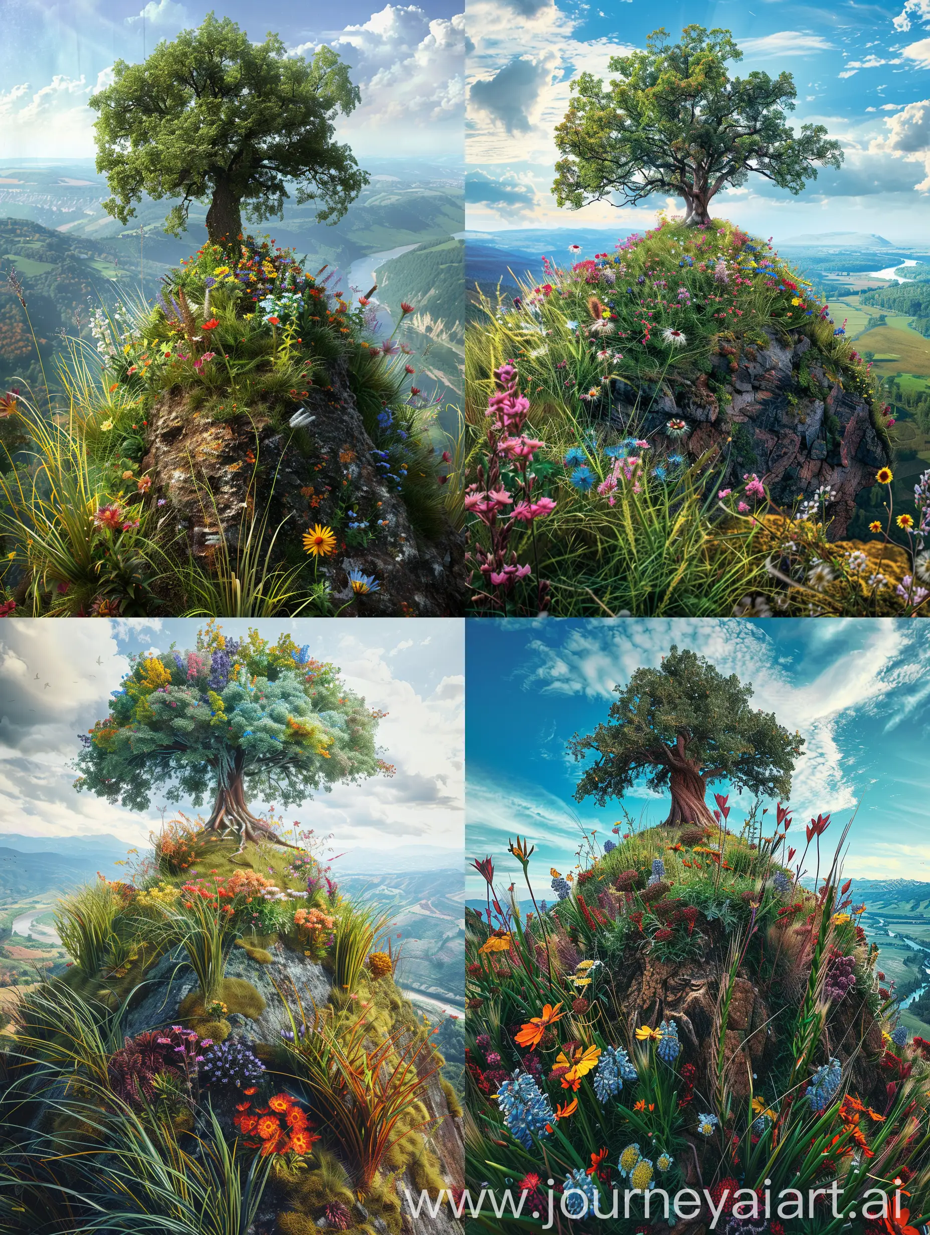 Surreal-Mountain-Landscape-with-Vibrant-Flora-and-Giant-Tree