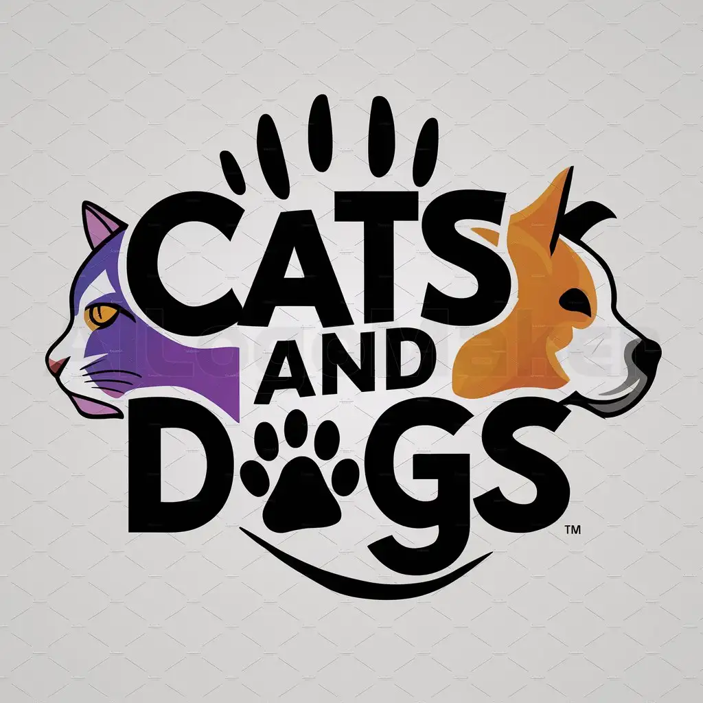 a logo design,with the text "cats and dogs", main symbol:paw print and colored side profile portraits of dog and cat,complex,be used in Entertainment industry,clear background