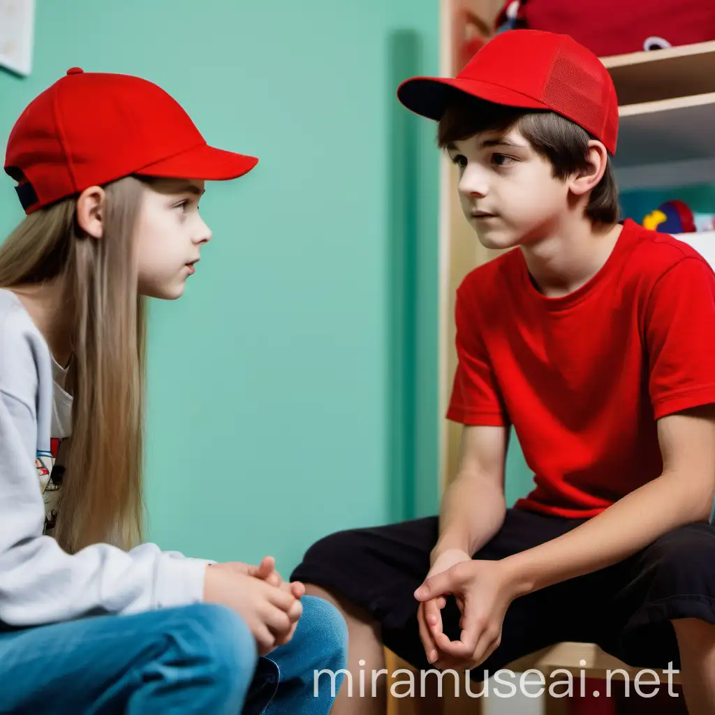 Dečko koji ima 16 godina, nosi crvenu kapu I OZBILJAN JE. U dječijoj sobi razgovara s djevojčicom koja ima dužu kosu. 