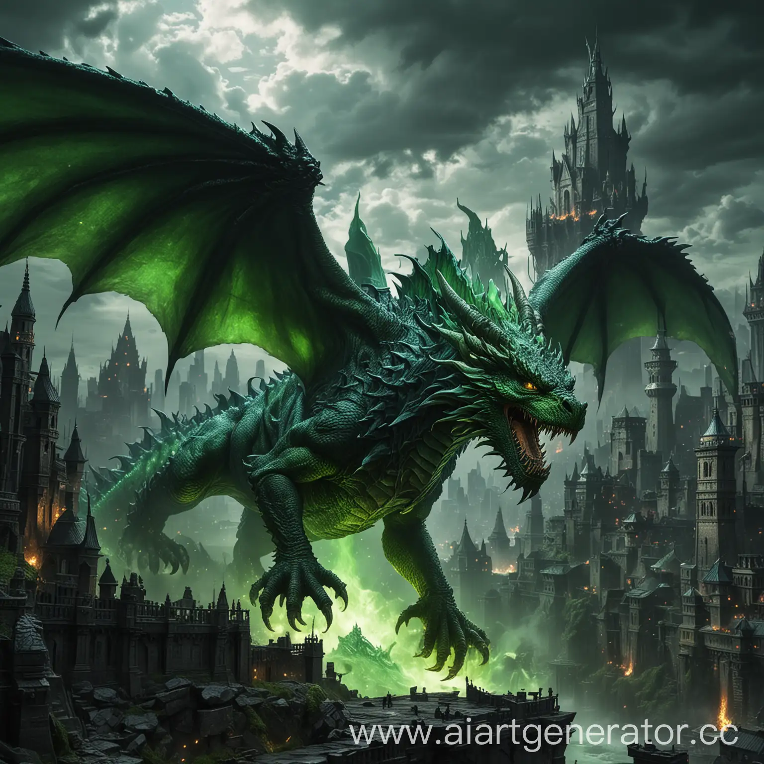 Huge majestic green dragon, demonic toxic dragon, scales, acid green color, black horns, glowing eyes. The dragon towers over the city, streams of acid flow from the dragon's mouth, its huge wings cover the sky. City guards run away from the acid dragon