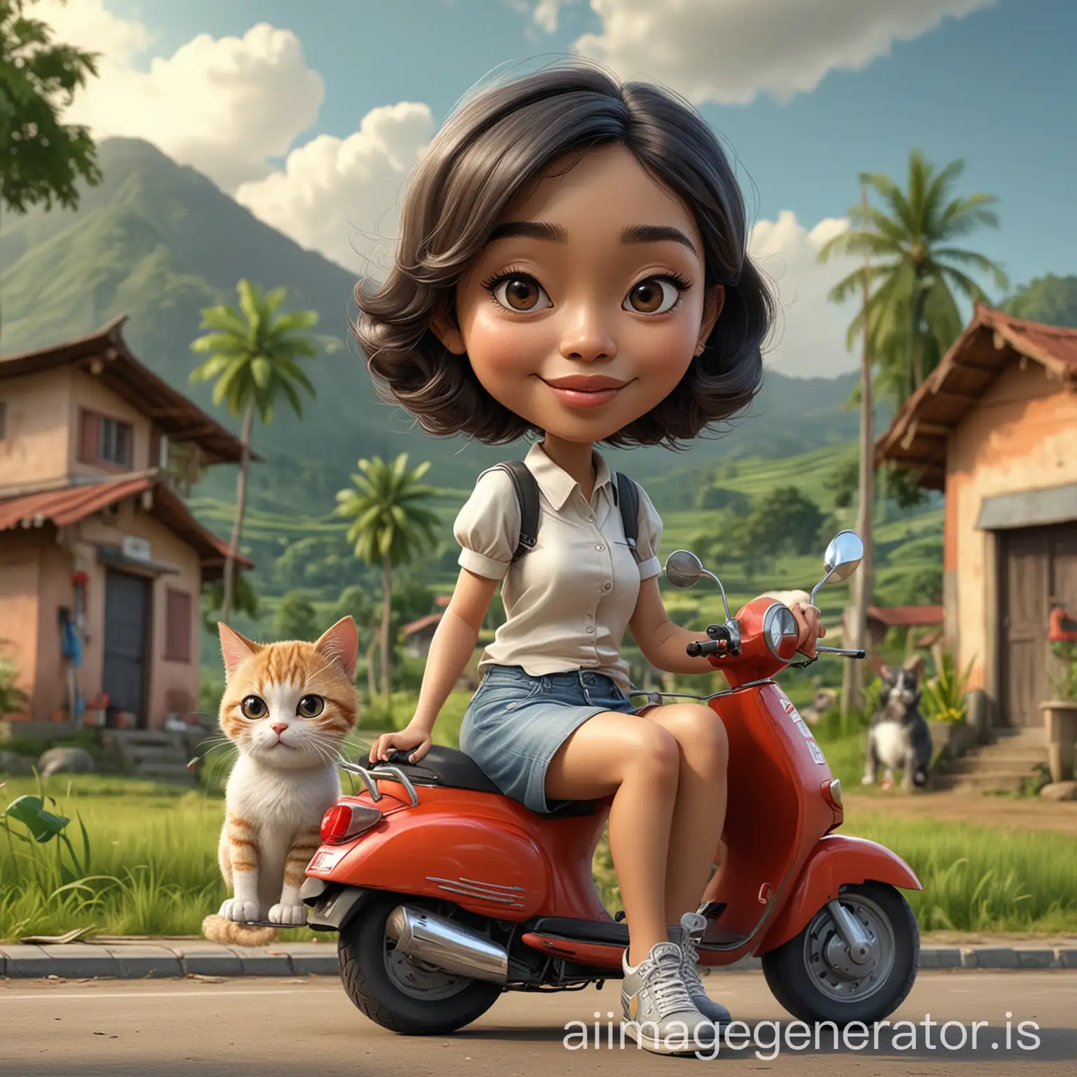 3d caricature, indonesian woman with short wavy hair, sitting on a scooter, a cute cat beside, rural background