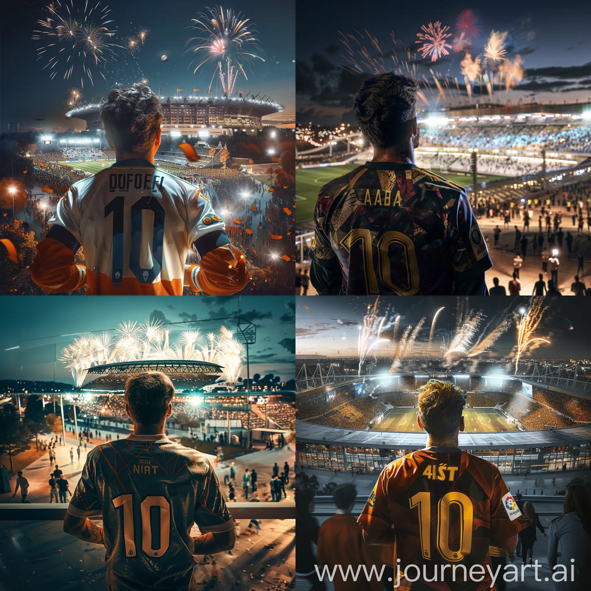 Passionate-Football-Fan-in-Number-10-Jersey-Excitedly-Gazing-at-Stadium-with-Lively-Fans-and-Fireworks