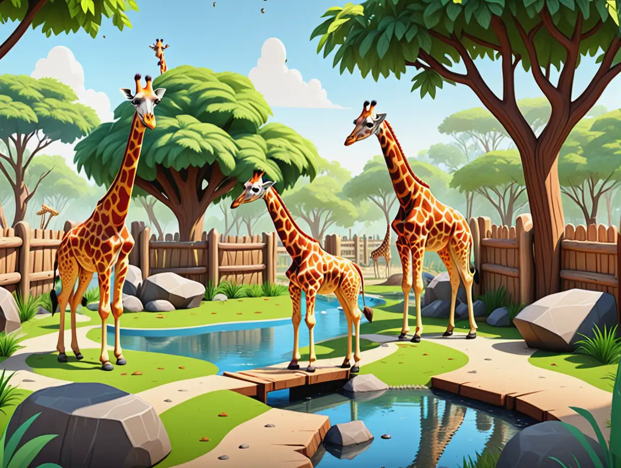 cartoon A vibrant cartoon zoo exhibit for giraffes, showcasing a spacious area with tall trees and leafy branches, surrounded by a low wooden fence. The scene includes a small waterhole and large rocks scattered around the grassy terrain, designed with bright, cheerful colors 