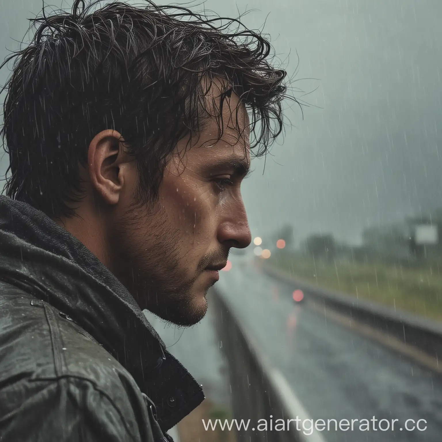 Profile-of-a-Man-Walking-Along-the-Rainy-Highway