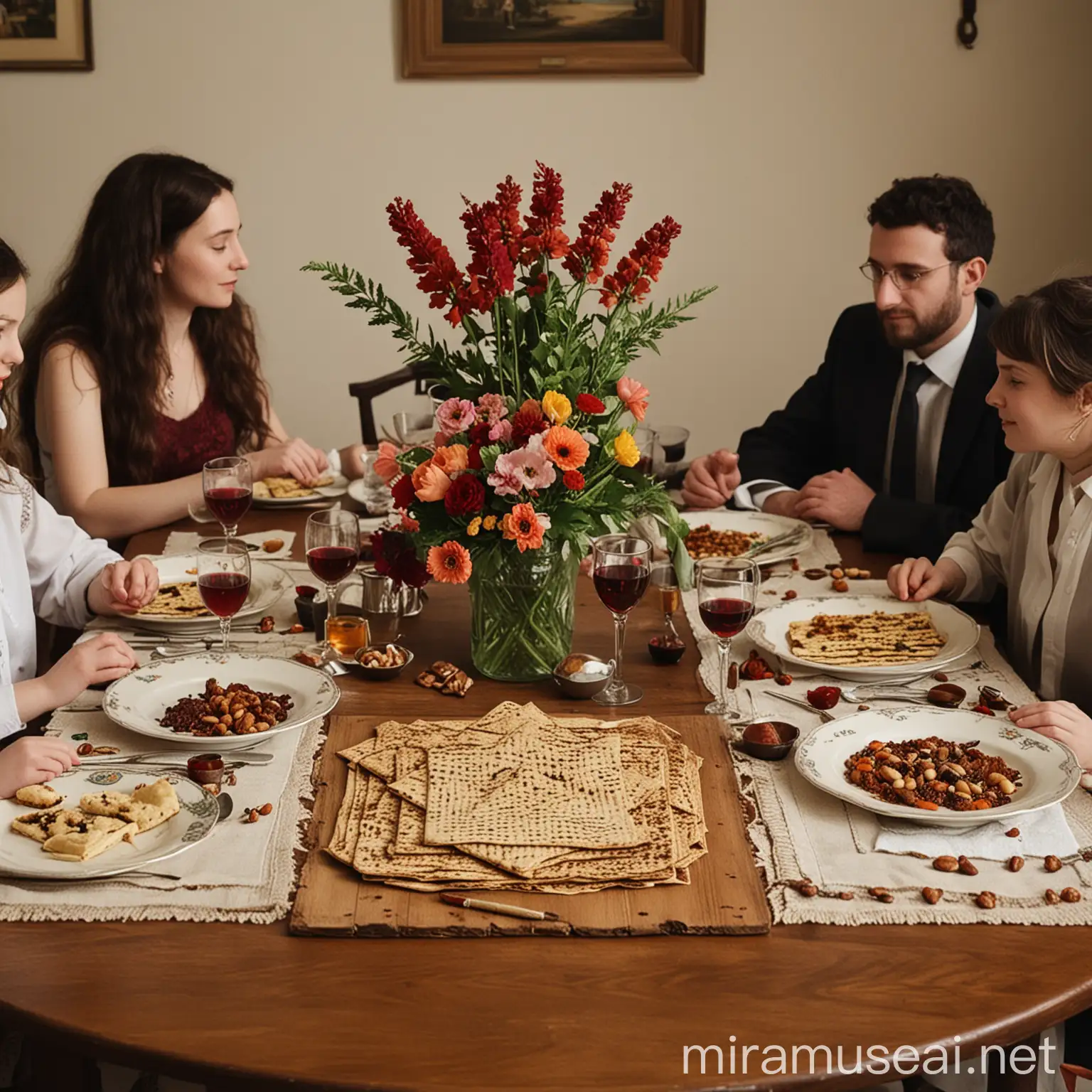 המשפחה יושבת סביב שולחן פסח. על השולחן שלוש מצות, סידורים, ארבע כוסות יין עם פרחי בקבוק יין ואגוזים.