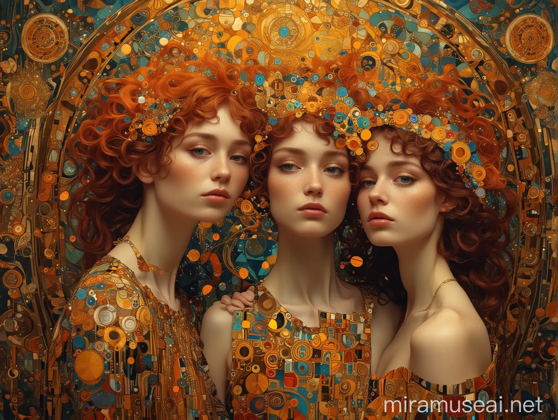 these people and this situation, in the style of Gustav Klimt Inspired Art Nouveau Depiction, trippy, vibrant colours, sacred-geometry fractals, 8k