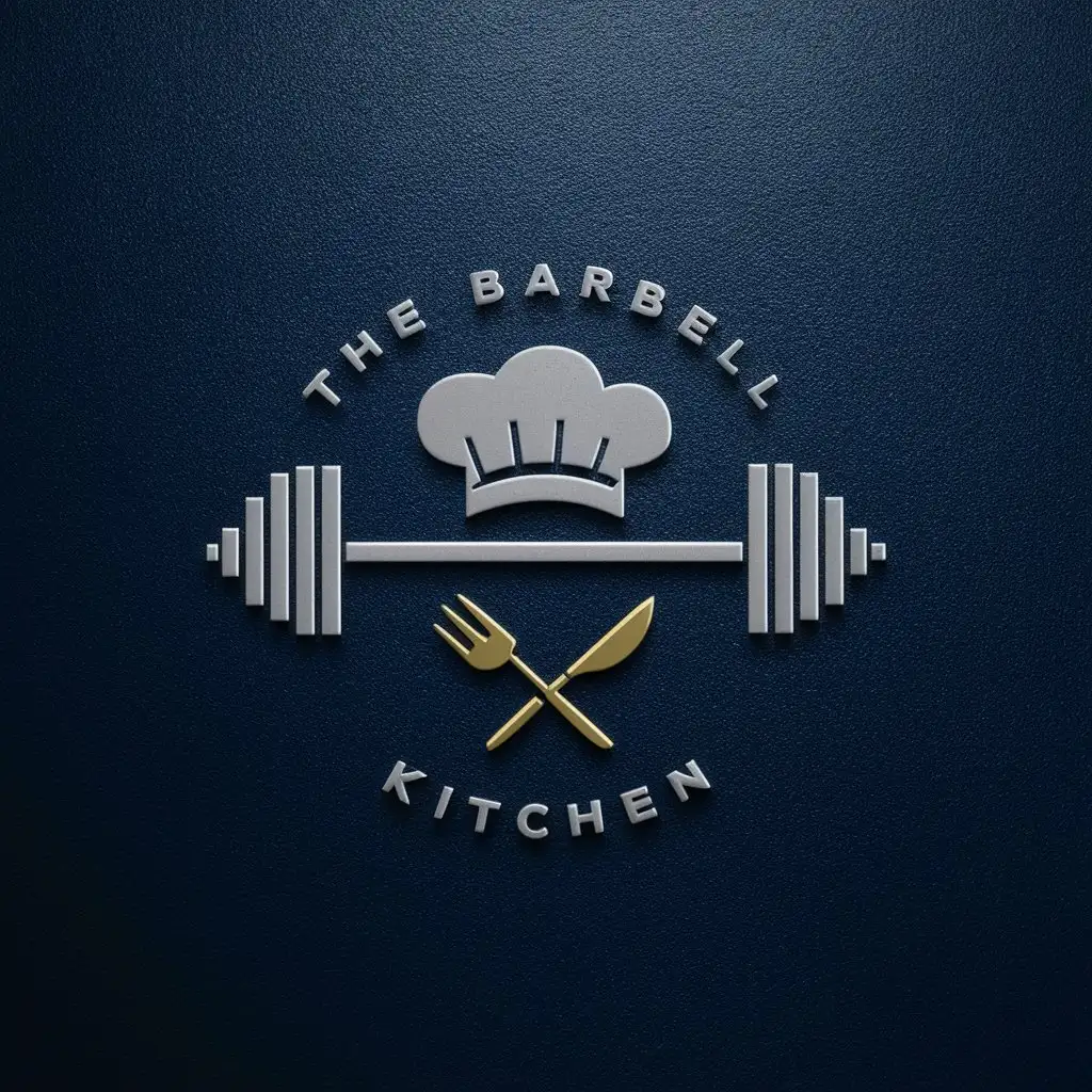 a logo design, with the text 'The Barbell Kitchen', main symbol: barbell, cooking hat, circular, navy blue background, fork and knife crossed under barbell, gold logo , Moderate, to be used in the Sports Fitness industry, clear background 