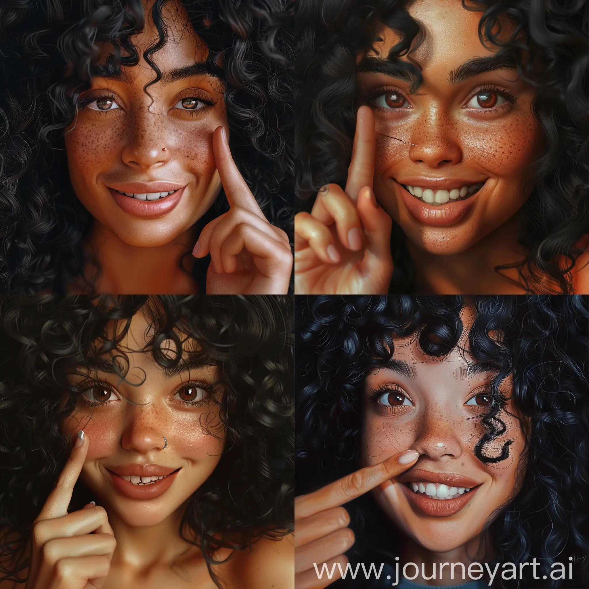 Ultra-realistic full-face, full-body photorealistic image of a 23-year-old girl with a beautiful face, with deep, expressive brown eyes that captivate anyone who meets them. Her curly black hair falls gracefully over her shoulders, framing her face with elegance. Lips paint a smile. Her face is slightly rounded, adding a touch of mystery and charm and an aura of freshness. Her beauty is a harmonious blend of unique and captivating features, making her irresistibly beautiful. It envelops the viewer in the whimsical charm of looking directly into the camera. The model, adorned with light makeup, has a captivating and slightly frowning expression as she bursts into laughter. With eyes wide open and a playful pose, the moment becomes a mix of mystery and genuine joy. The girl has the index finger of her right hand stuck in her left nostril.