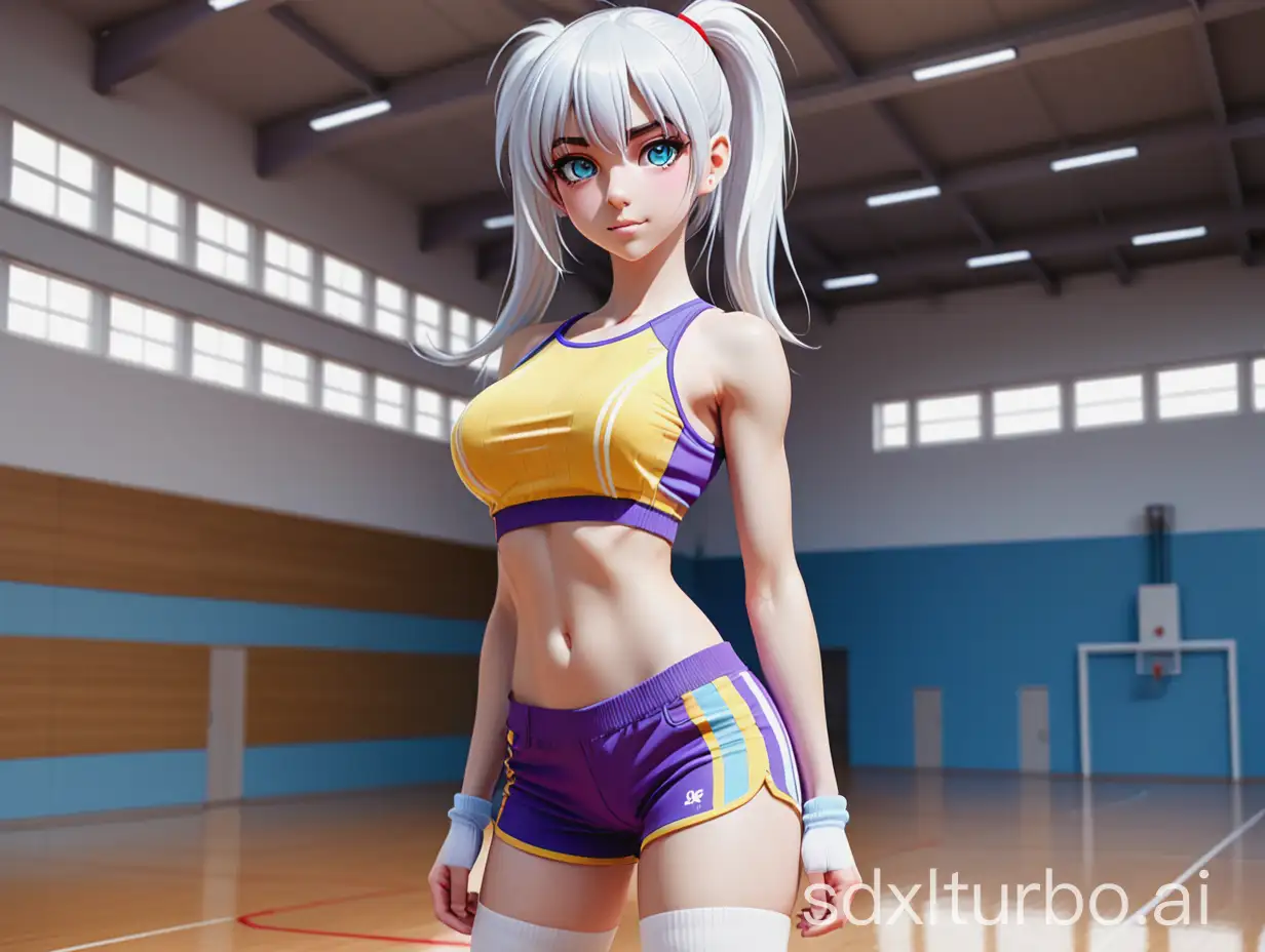 anime girl. beautiful detailed face. toned athletic body. size 2 breasts. standing tall. happy face. long white hair. hair with a fringe. ponytail with a red rubber band. light blue eyes. thin eyebrows. form-fitting white top. top with yellow trim. form-fitting sporty blue shorts. inserts of fabric on the shorts with light blue lines and purple striped inlays. white sneakers. white socks. background sports hall