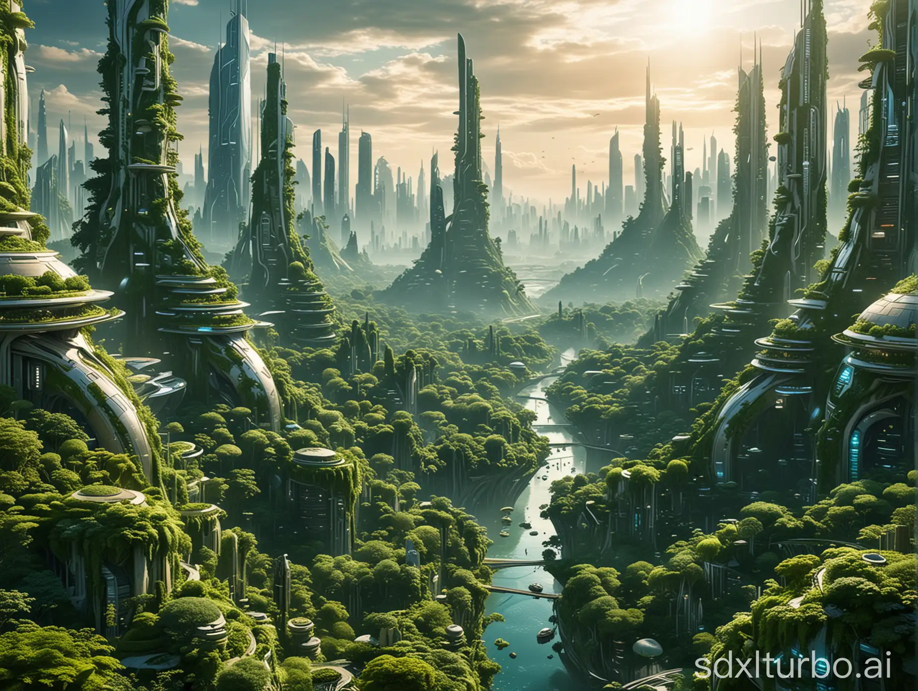 A futuristic city full of greenery.