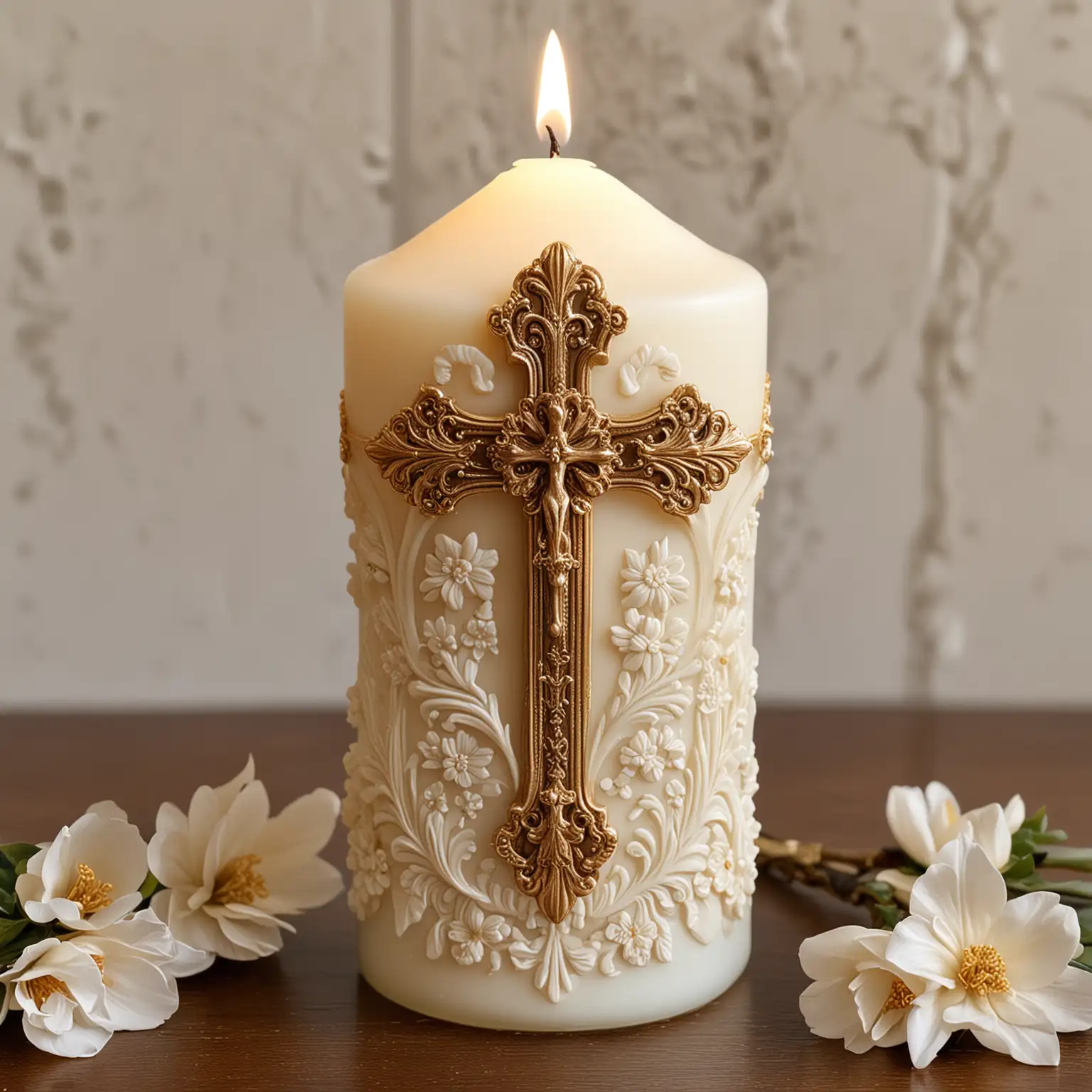 ornate candle with detail wax relief attached.  flowers and gold cross in the background.