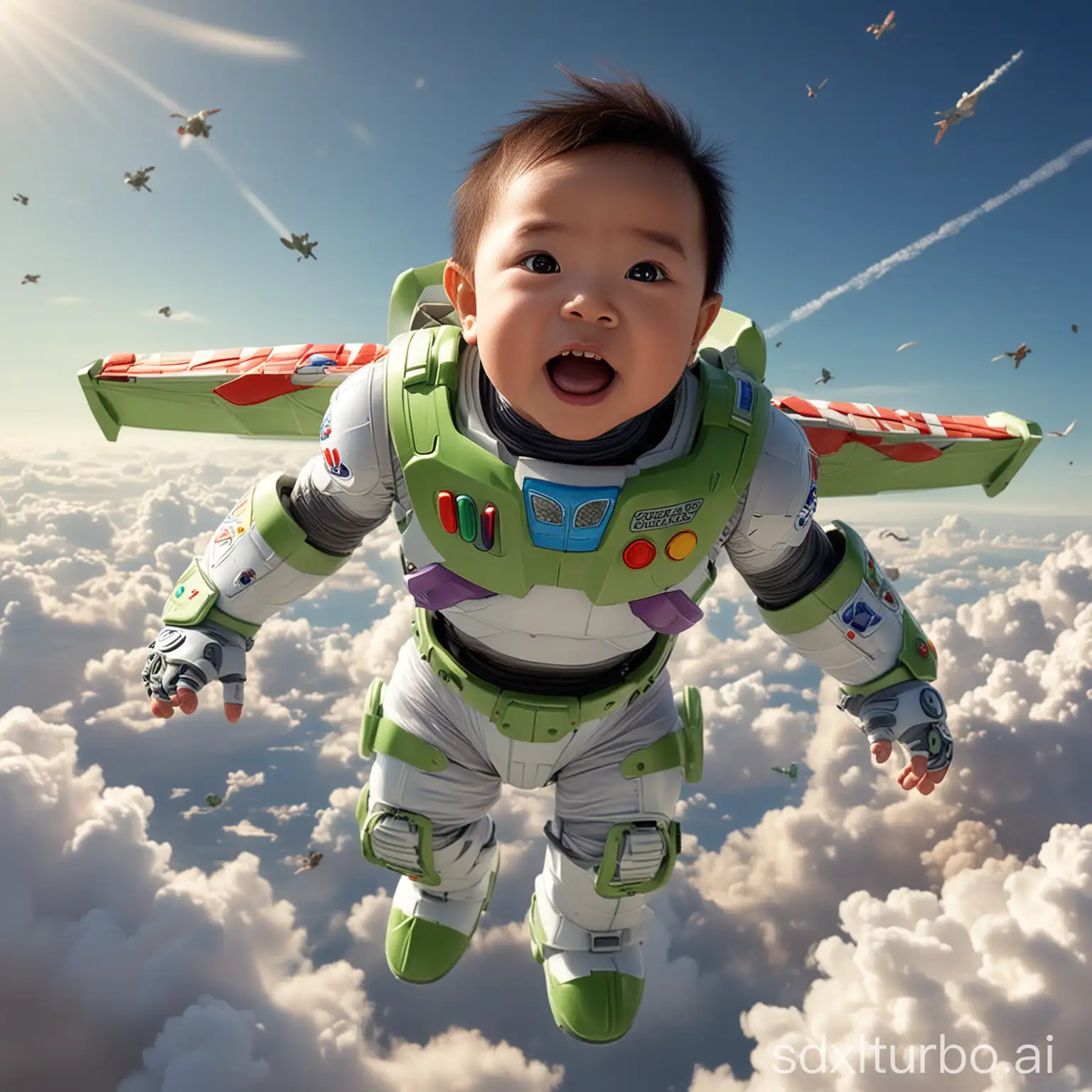 A cute Asian baby dressed as Buzz Lightyear Armour is set up with a background that simulates the sky and clouds, a 1-year-old Chinese baby as the actor of Buzz Lightyear,giving the impression he's flying. The scene captures him from a high angle as if he’s soaring through the clouds, his face filled with excitement and joy. The photorealistic sky adds a dynamic element, creating a sense of motion and flight