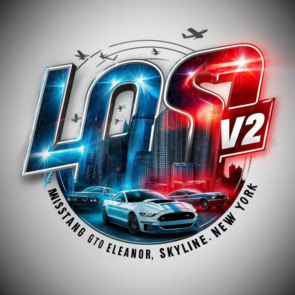 a logo design,with the text "LOS V2, mustang gt500 eleanor, skyline new york", main symbol:Blue and red lights flashing off skyscrapers in the rain while the police are in an intense battle with criminals. While planes are flying through the sky,Moderate,be used in Others industry,clear background