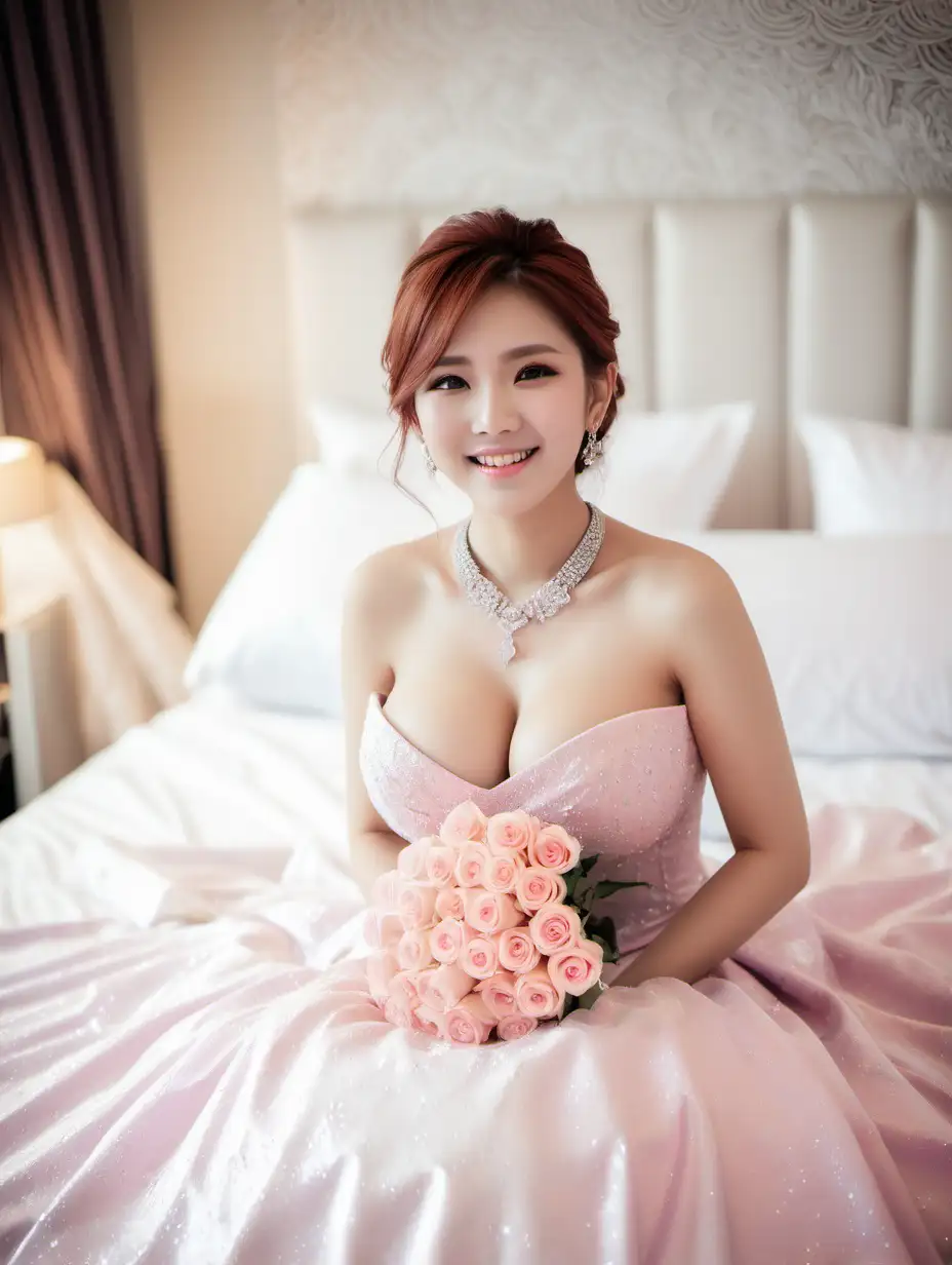 Female Model Star, Dress Wedding, Rose, Pastel LIiac, Smile, Big Boobs, Necklace Diamond, on the bed, China
