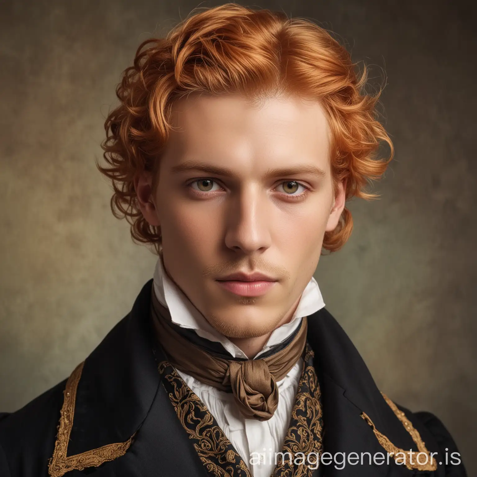 Handsome man with strawberry blonde hair and brown black eyes in victorian fashion