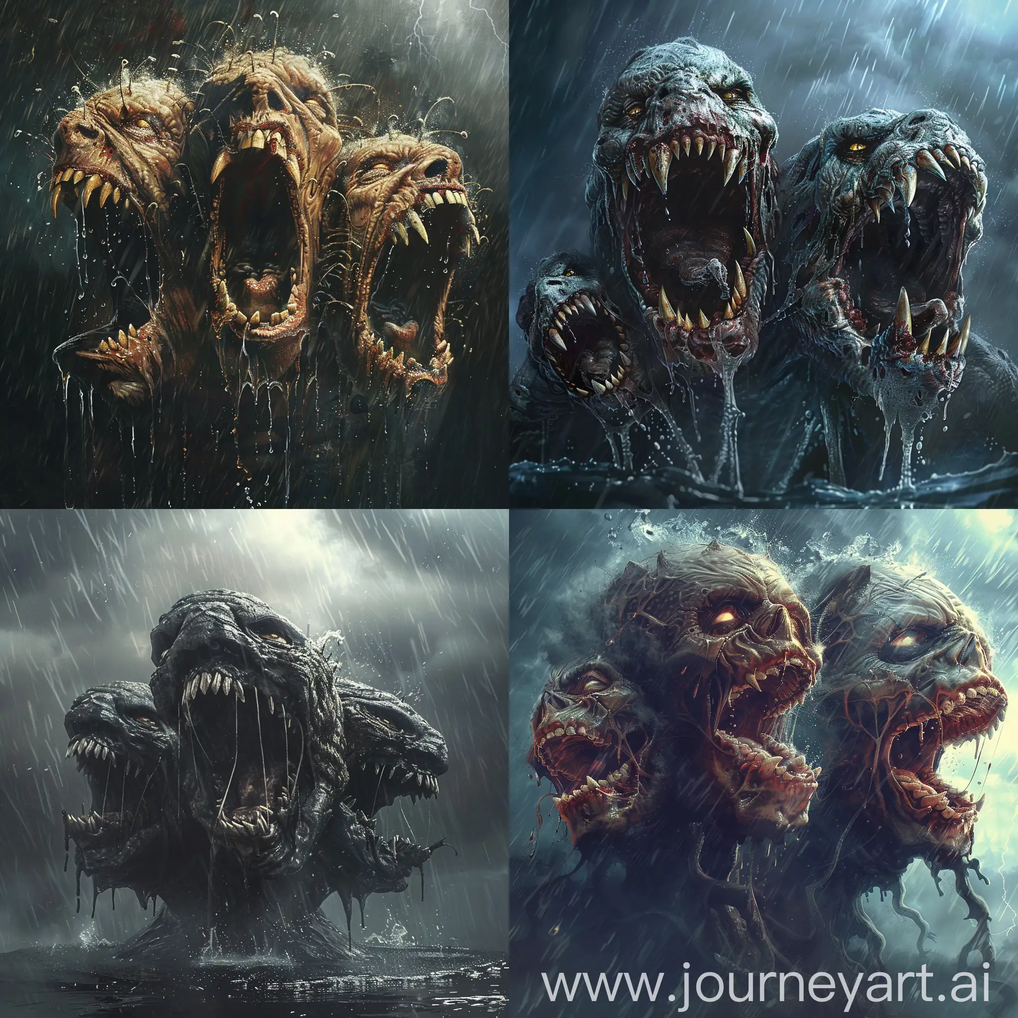 Angry humanoid Monster, Cliff tooths, sharp tooths, unrealistic, 3 heads, open mouth, rainy night