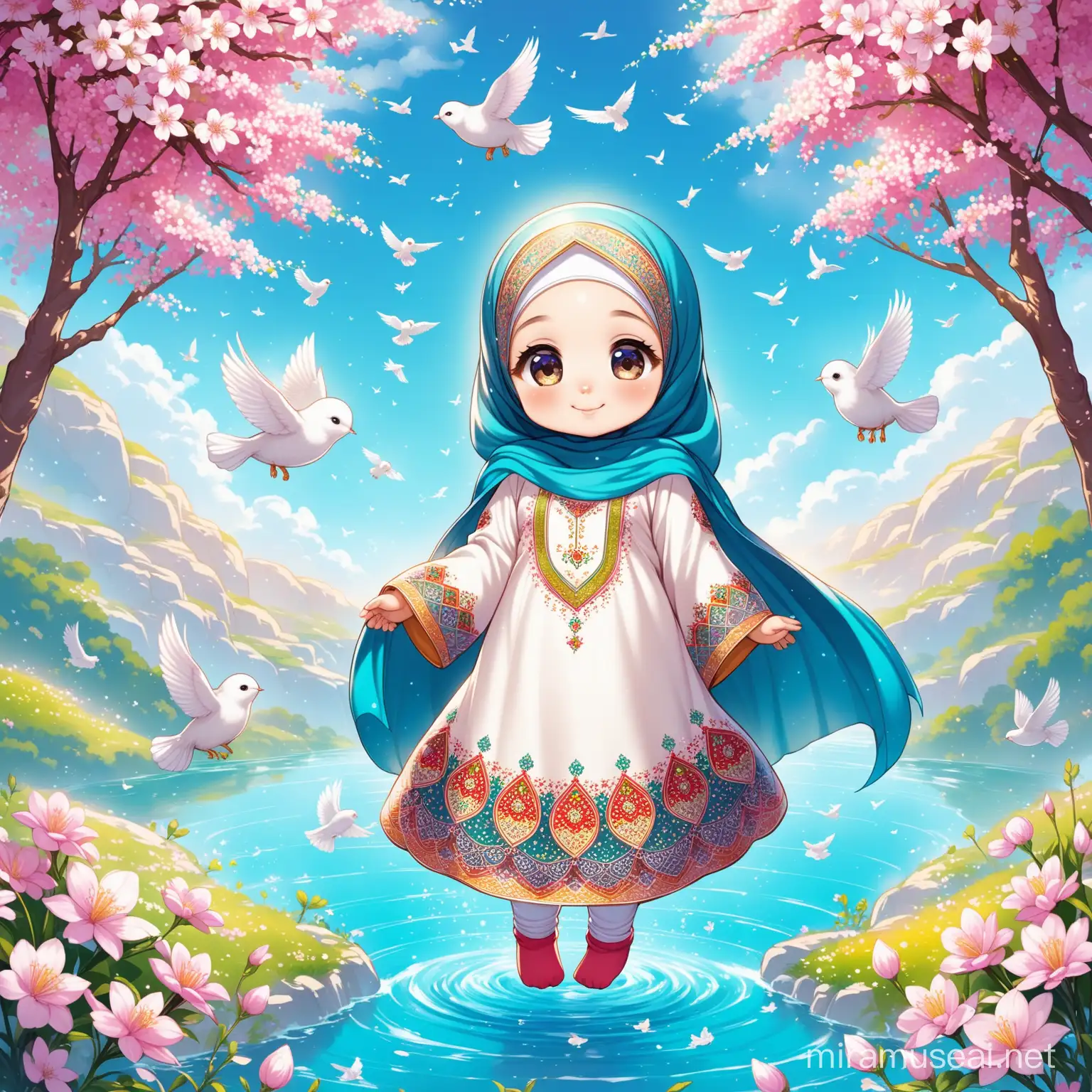 Persian Little Girl by the Spring Joyful Muslim Child Amidst Natures Splendor