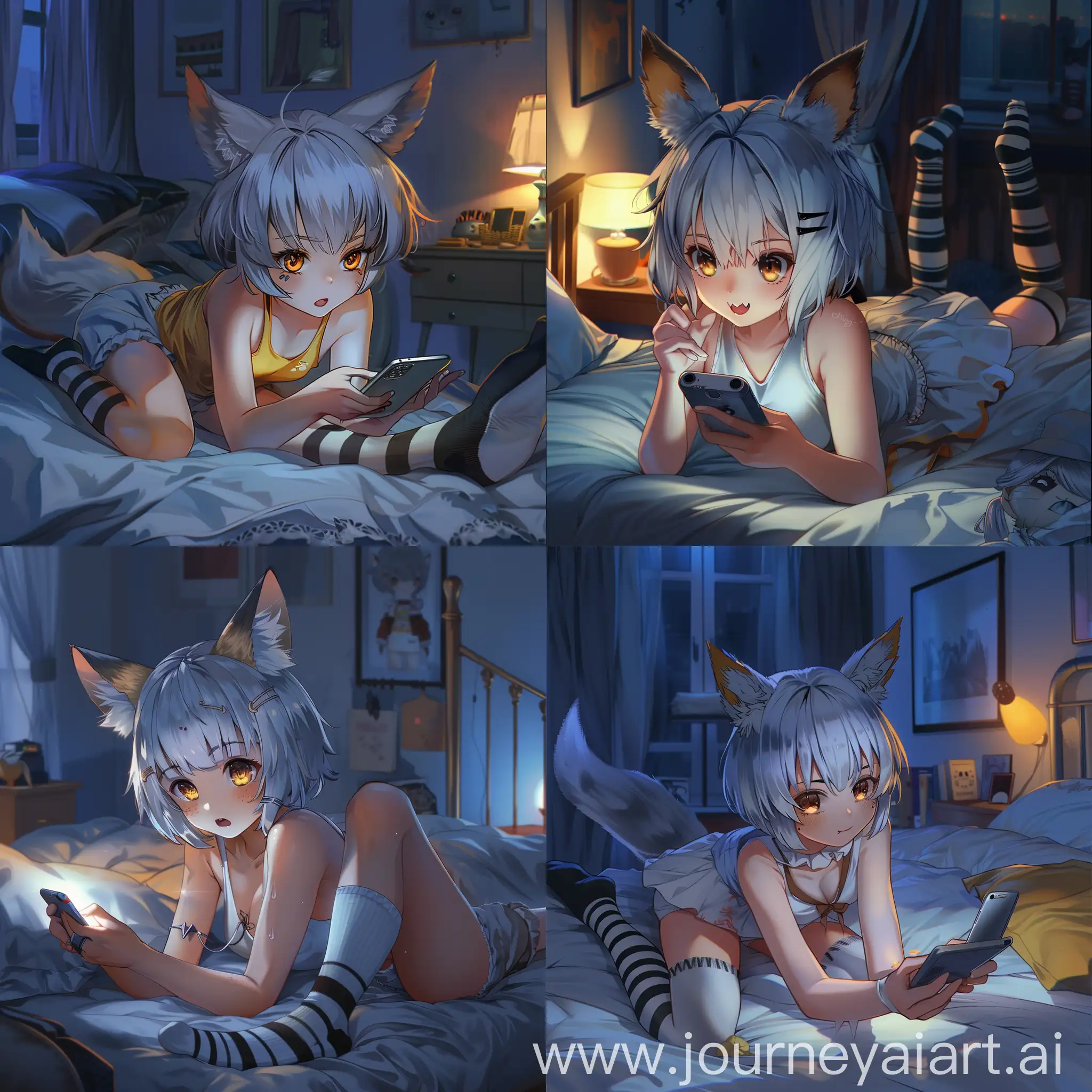 Cute girl with short silver hair and fox ears, lying on her bed in the dark bedroom at night playing an iPhone. She wore socks with black stripes over white tights, with brown eyes and golden yellow irises, showing sharp fangs in a mischievous expression. Her slender body and cute face had beautifully detailed fantasycore features, rendered in a photorealistic style , realistic art 