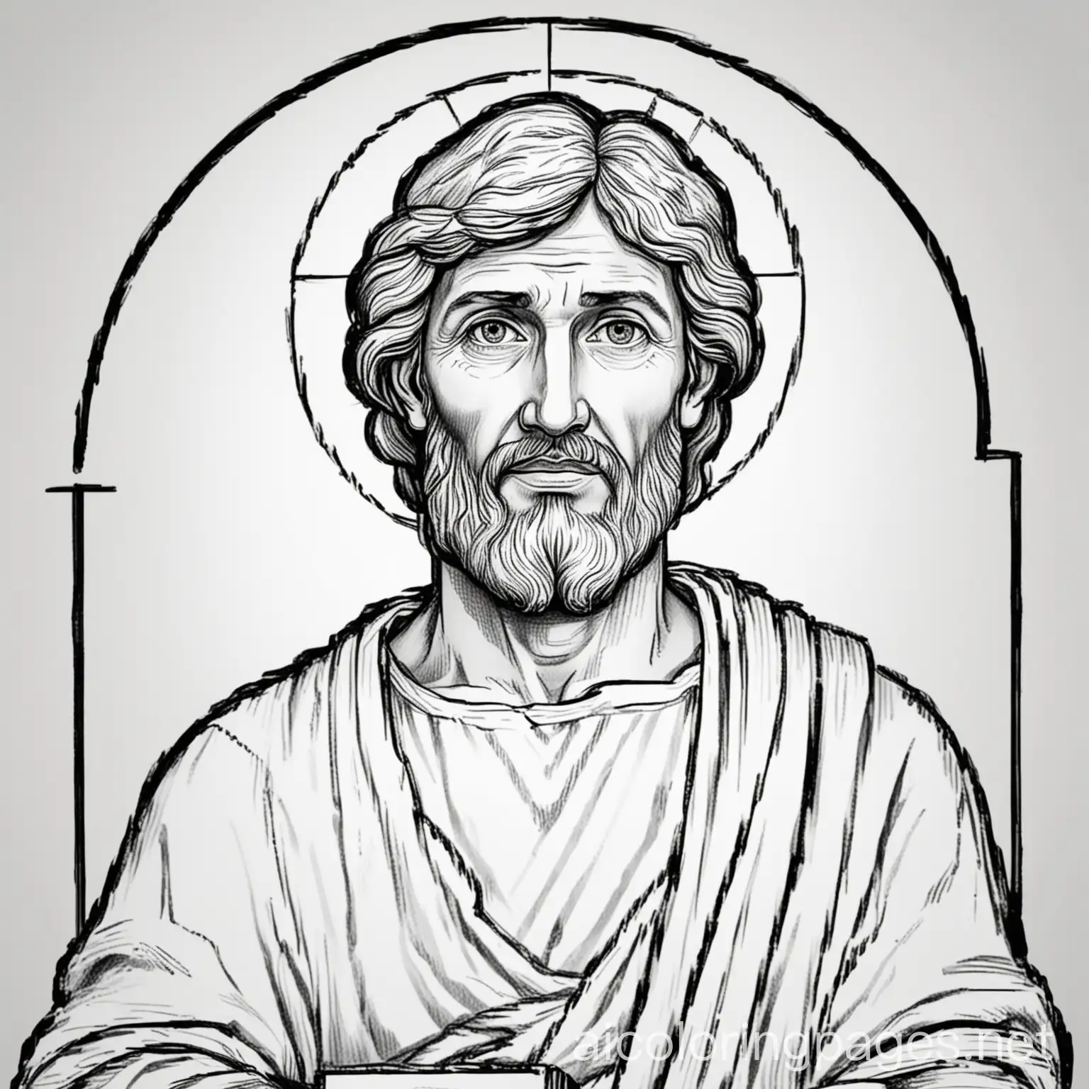 John the Apostle of the bible black and white no background, Coloring Page, black and white, line art, white background, Simplicity, Ample White Space. The background of the coloring page is plain white to make it easy for young children to color within the lines. The outlines of all the subjects are easy to distinguish, making it simple for kids to color without too much difficulty