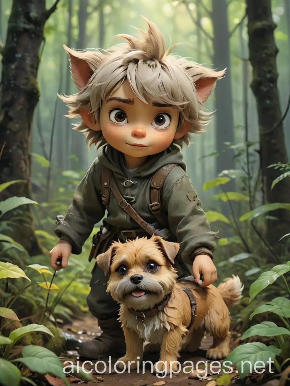 Enchanting-Forest-Encounter-Tiny-Troll-and-Border-Terrier-Coloring-Page